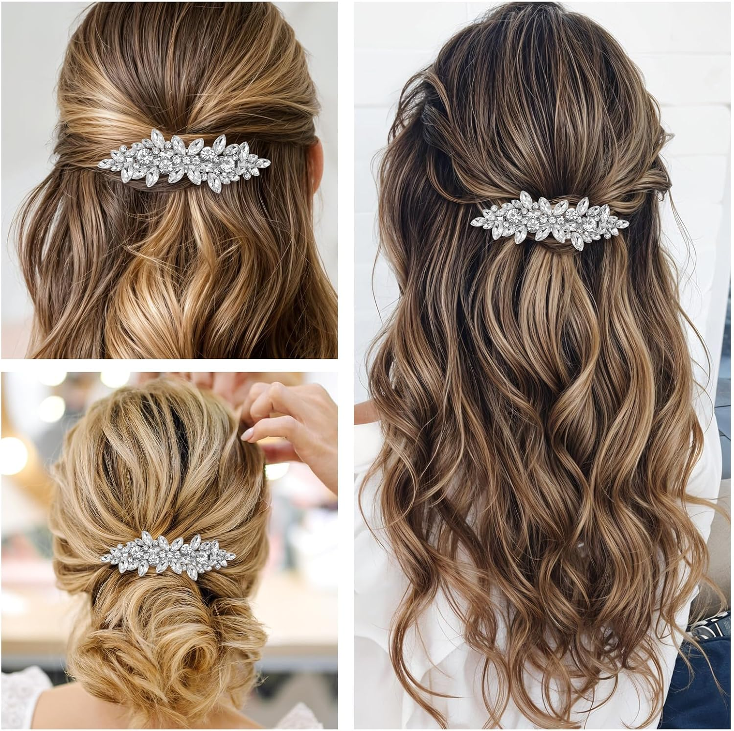 Pack of 2 Rhinestone Hair Clips, Sparkly Bridal Hair Accessories, Silver, Vintage Hair Clip, Silver, Sparkling Hair Pins, Wedding for Women and Girls, Evening Party, Wedding, Daily Use image number 4