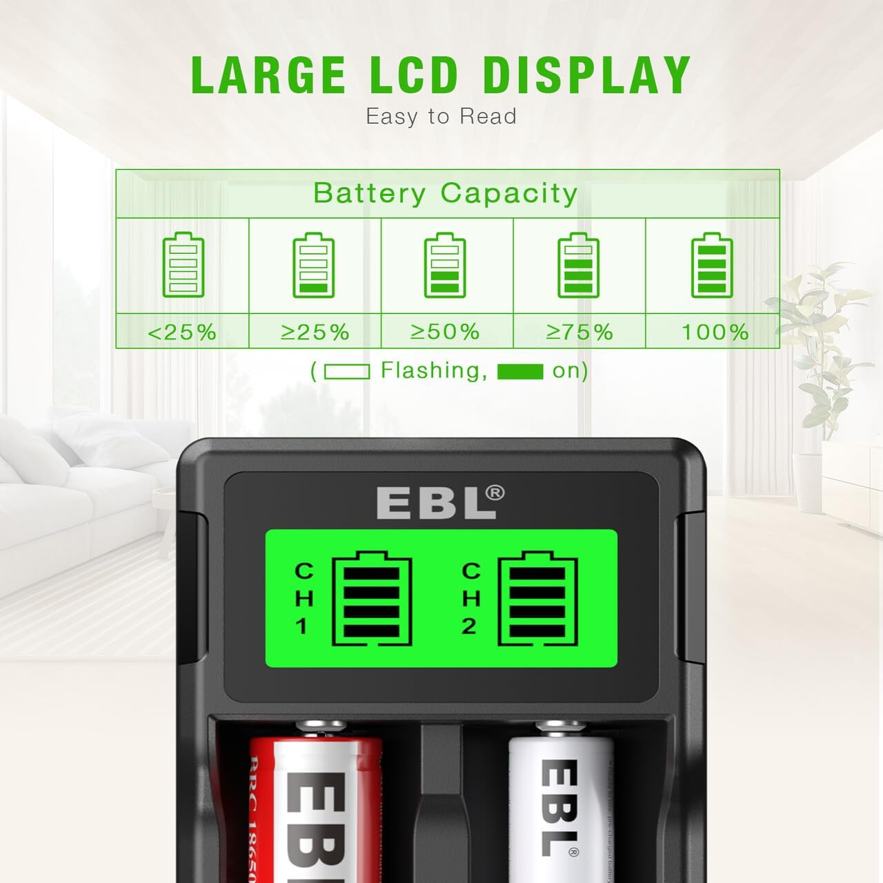 EBL Universal 18650 Battery Charger for 3.7V Lithium Ion Rechargeable Batteries 26650 22650 18650 18490 18350 17670 16340 (RCR123) 14500 and 1.2V Ni-Mh Ni-Cd Rechargeable C AA AAA Batteries image number 3