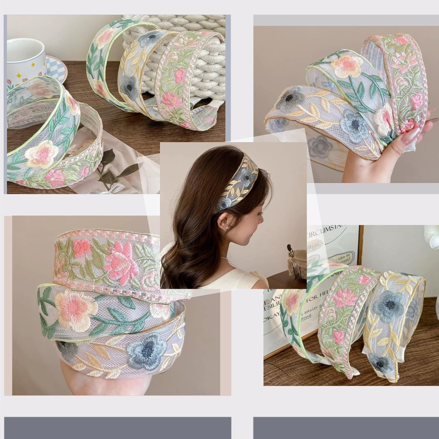 Ypkia Pack of 3 Vintage Embroidered Flowers Headband Women'S Wide Edge Fabric Lace Hair Band Hair Accessory for Women image number 2