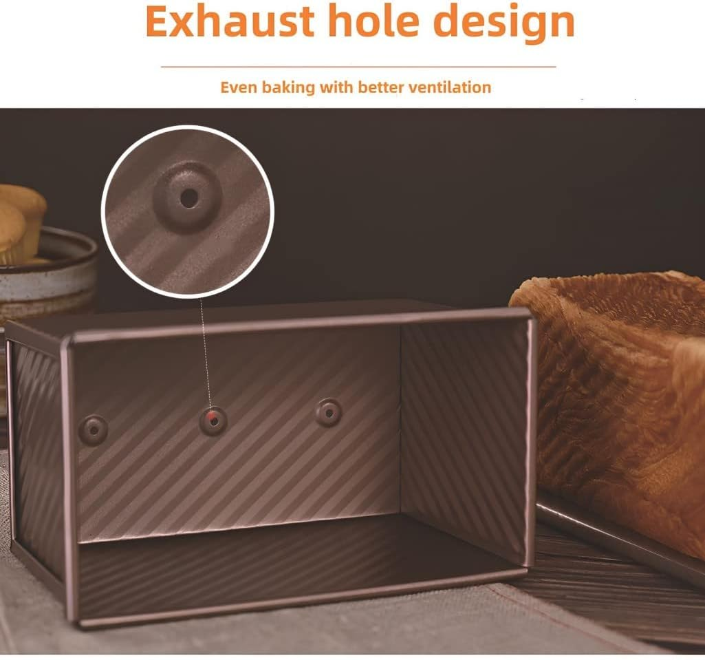 Kitment Loaf Pan with Lid, Bread Tin, 0.99Lb Non-Stick Carbon Steel Bread Bakeware Toast Mold Rectangle Corrugated Toast Box for Oven Baking with Bench Scraper, Oil Brush image number 4