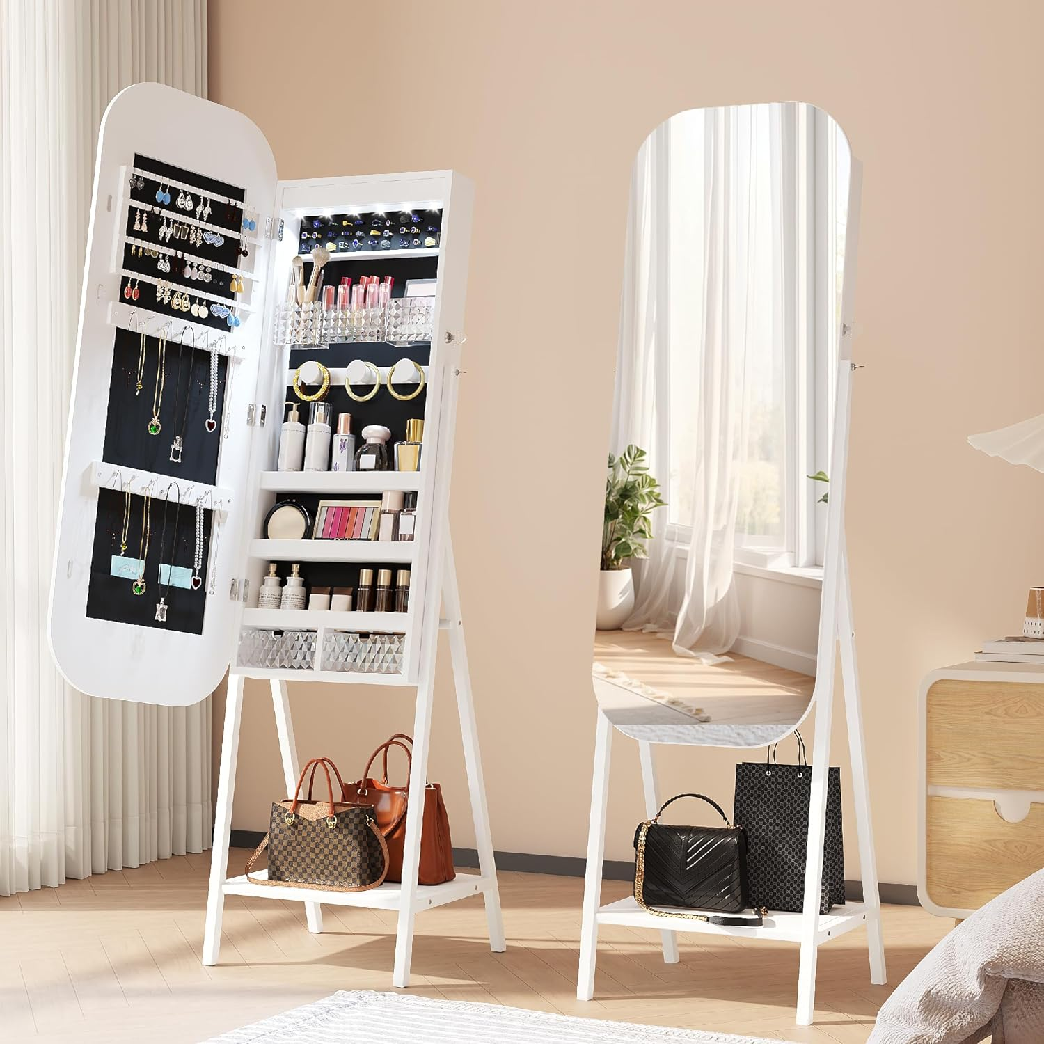 Dystler Mirror Jewelry Cabinet - Wall/Door Mounted Jewelry Armoire with Large Capacity - Lockable Tall Hanging Organizer - Cosmetic Storage & Gift Idea - White image number 6