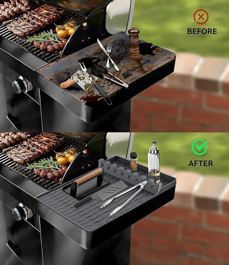 SOVYOULIVE 2PC Silicone Grill Mat Compatible for Blackstone, Silicone Griddle Tools Mat with Drip Pad, Spatula for Outdoor Grill Kitchen Cookiing Countertop (Orange, Gray) image number 1