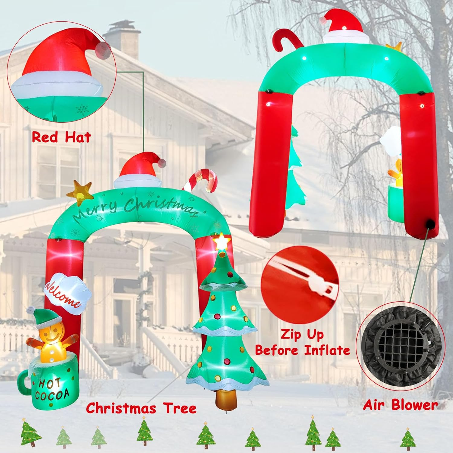 SAILESI 2.7M/8.9FT Christmas Inflatable Archway Outdoor Decoration, Giant Arch Blow up Yard Decor with Christmas Tree, Snowman,Red Hat,Candy Cane, LED Lighted Decor for Xmas Home Garden Lawn Yard image number 4