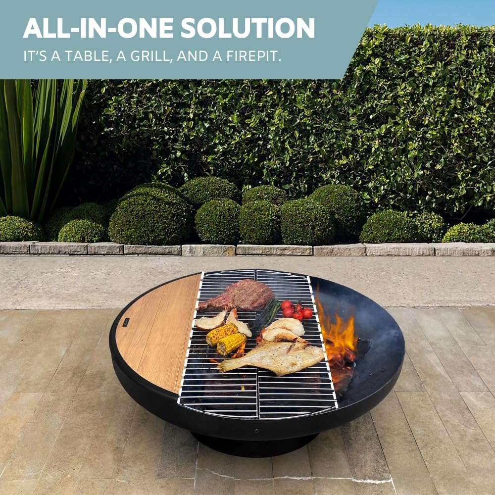 DENKOE 32 Inch round Fire Pit Table with Fire Pit Grill, Extra Thick, Heavy Duty Fire Bowl, Deep Outdoor Firepit, Wood Burning Firepits for outside Patio, Backyard Fire Pits, Large BBQ Pit image number 3