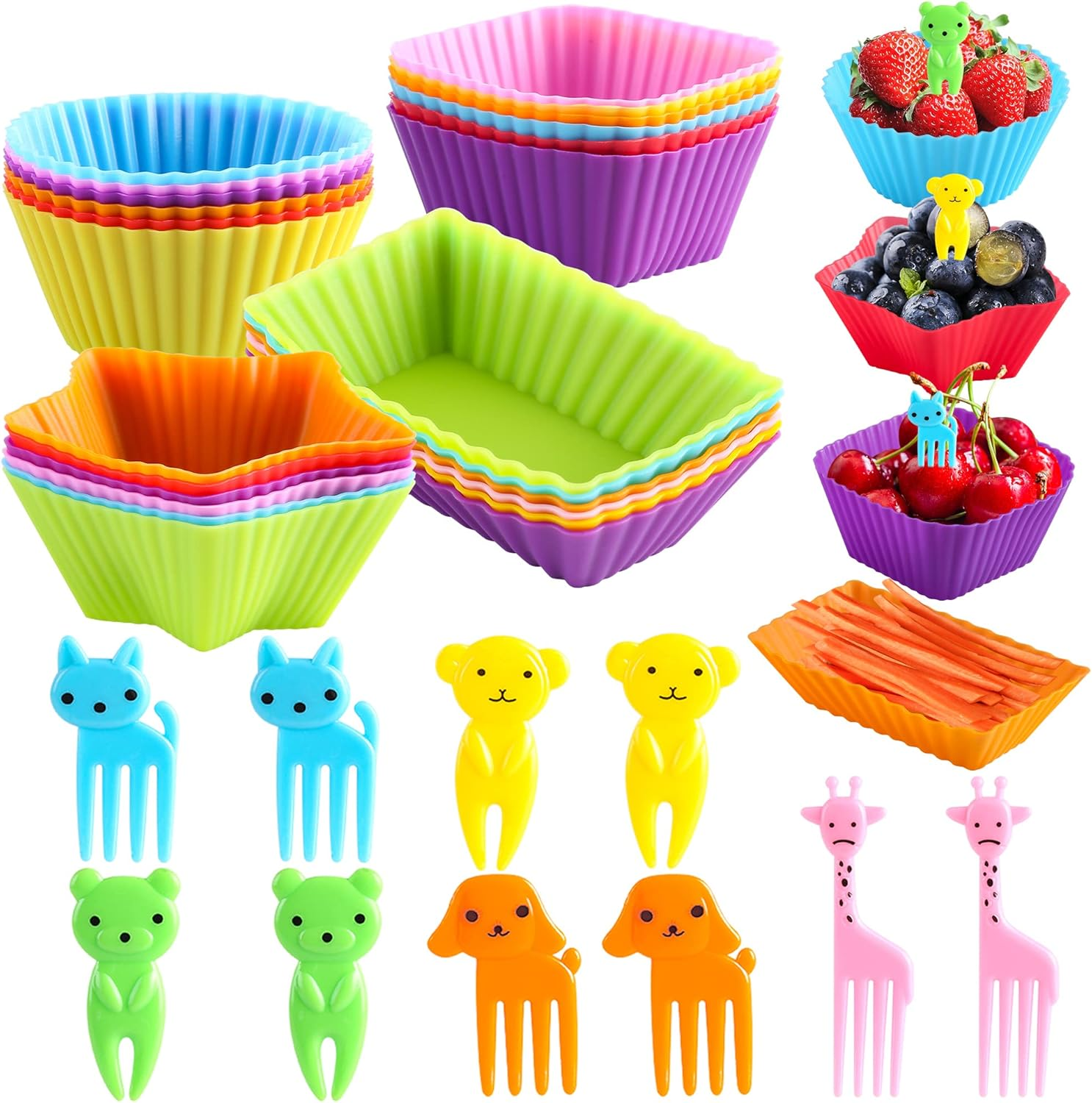 Wsmelon Silicone Lunch Box Dividers for Kids, 24 Pcs Bento Box Dividers with 10 Animal Food Picks, Bento Box Inserts, Cupcake Baking Cups, Muffin Pan Liners, Reusable and BPA Free image number 6