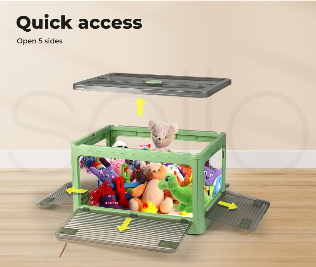 Stacked Storage Bins Stackable Plastic Container with Handle Lid Clothes Wardobe Organiser Toy Book Box Foldable 5 Side Open Wheel 55L Green image number 5