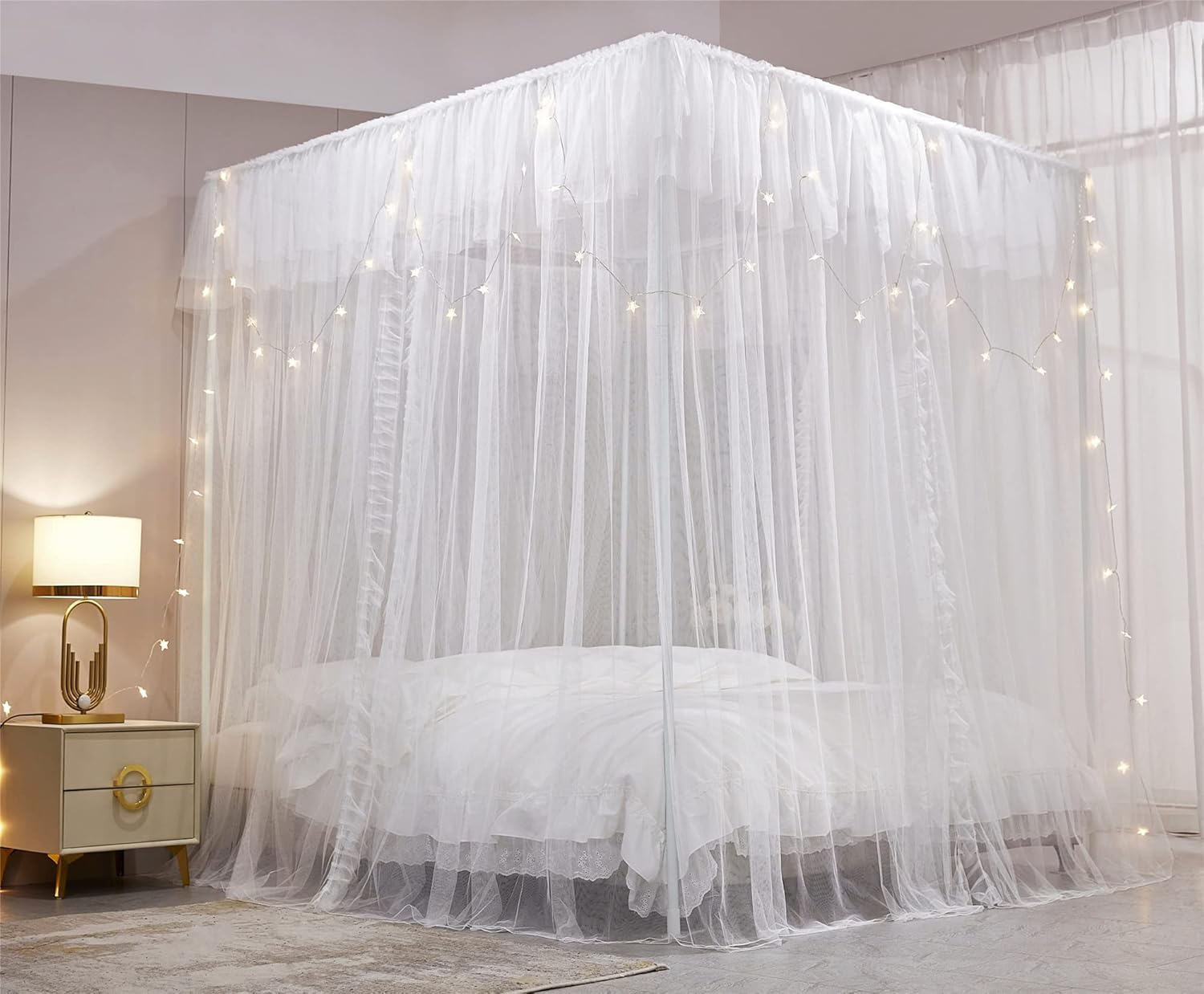 VETHIN 4 Corners Post Ruffle Princess Bed Canopy Curtain-Double Layer Cozy Drape Netting 4 Opening Mosquito Net for Girls Adults Bedroom Decoration (White/White, 59" W*82" L*82"*H/(Queen))