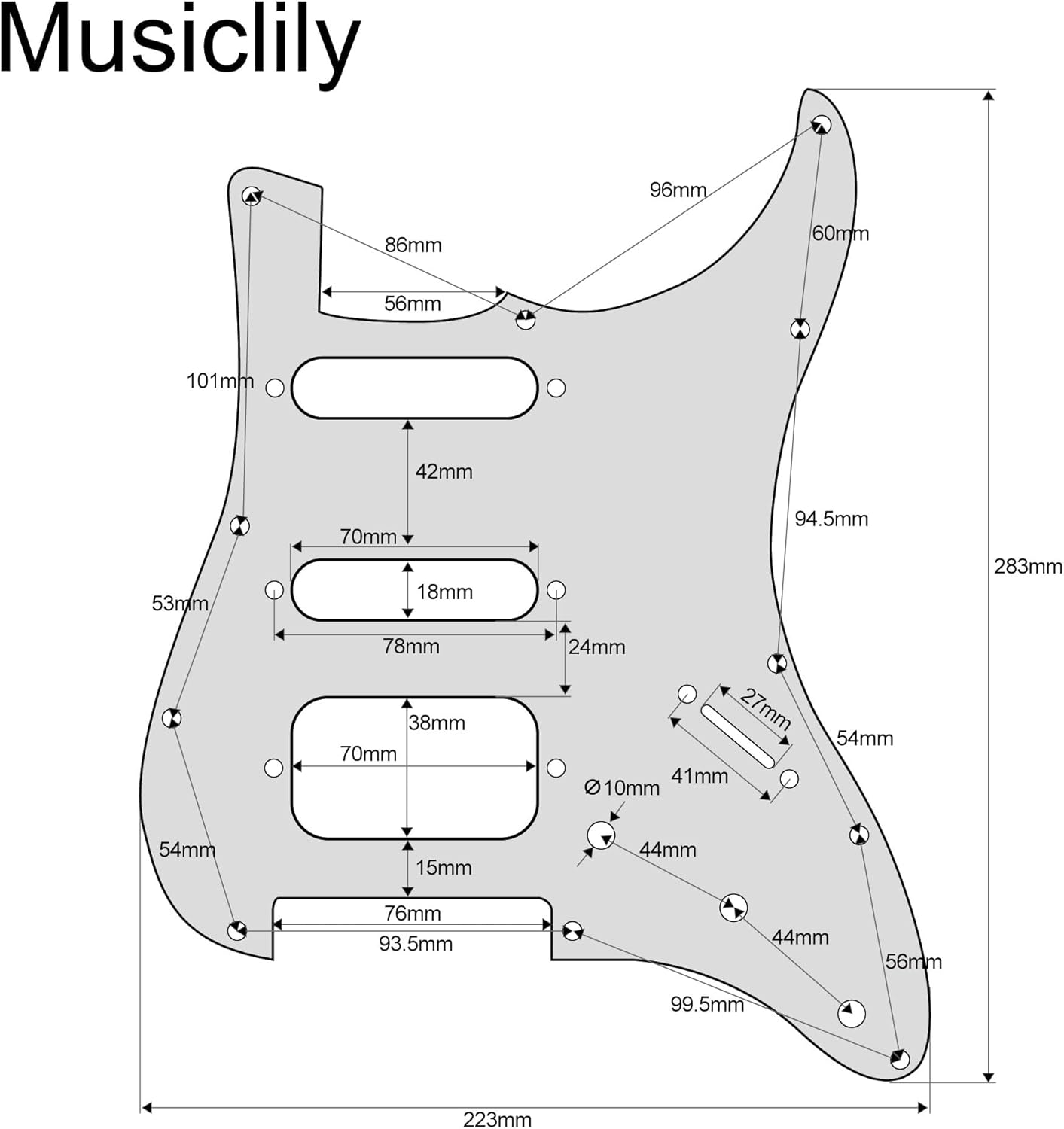 Musiclily Pro 11-Hole round Corner HSS Guitar Strat Pickguard for Usa/Mexican Stratocaster Open Pickup, 1Ply Glossy Black