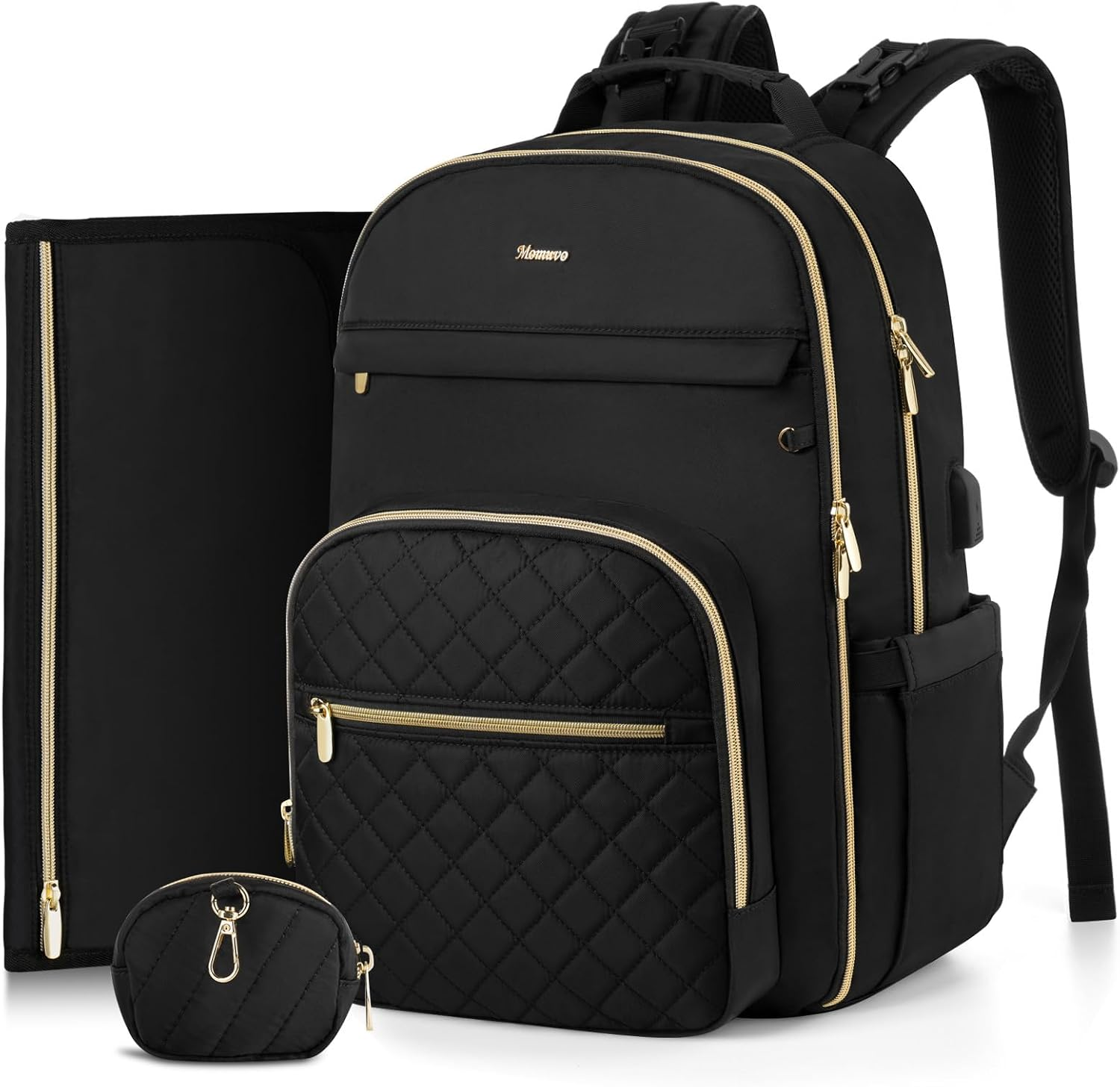 MOMUVO Diaper Bag Backpack, Quilted Baby Bag with Changing Pad & Stroller Straps & Pacifier Case, Large Travel Diaper Bags