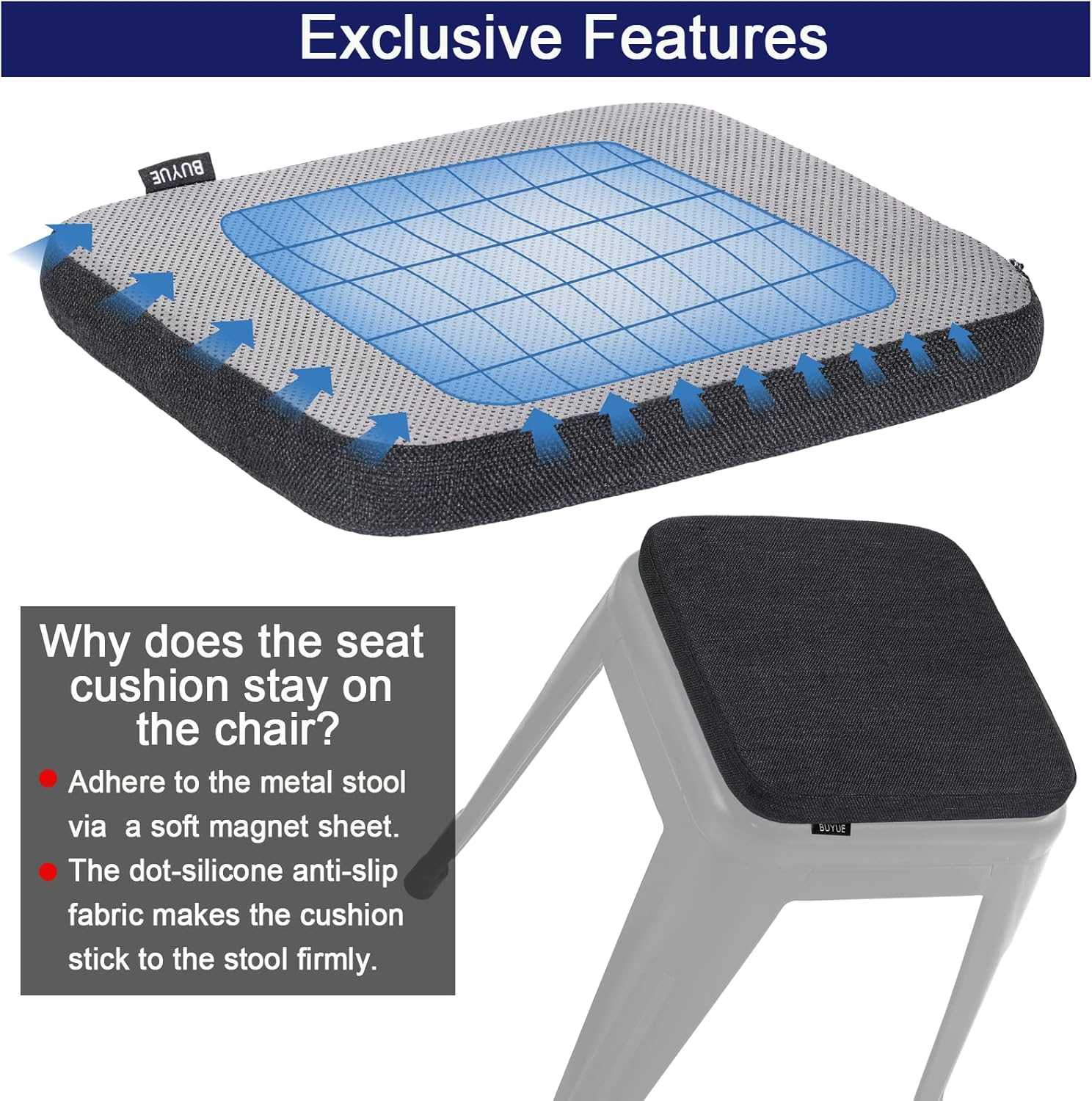 BUYUE Natural Linen Magnetic Bar Stool Cushions Set of 4, Enhanced Anti-Slip Breathable Small Chair Seat Pads for Caf&eacute; Bistro Stackable Metal Stools (Square, Black, 4 Counts)