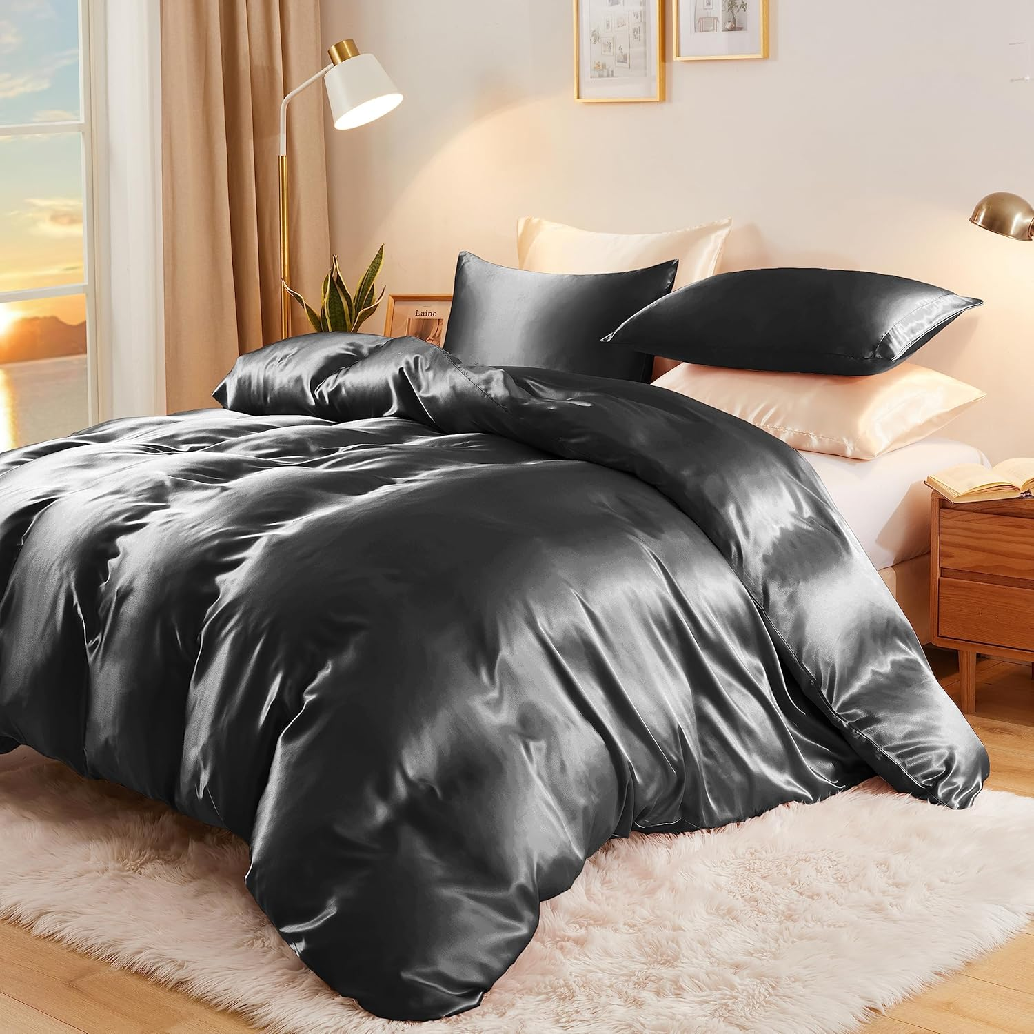 Vonty 3-Piece Silky Satin Duvet Cover Set Full/Queen Size Comforter Cover, Organic Natural 400TC Black Duvet Cover Set - Luxury & Sexy Bedding Duvet Covers with Zipper Closure(No Comforter) image number 7