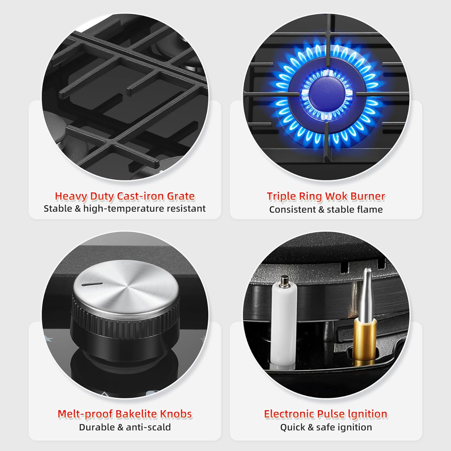 Amzgachfktch 60Cm Built-In Gas Cooktop, 4 Burner Black Tempered Glass Stove with Flame Failure Safety & Dual Fuel (NG/LPG) - for Modern Kitchen, Apartment, Caravan