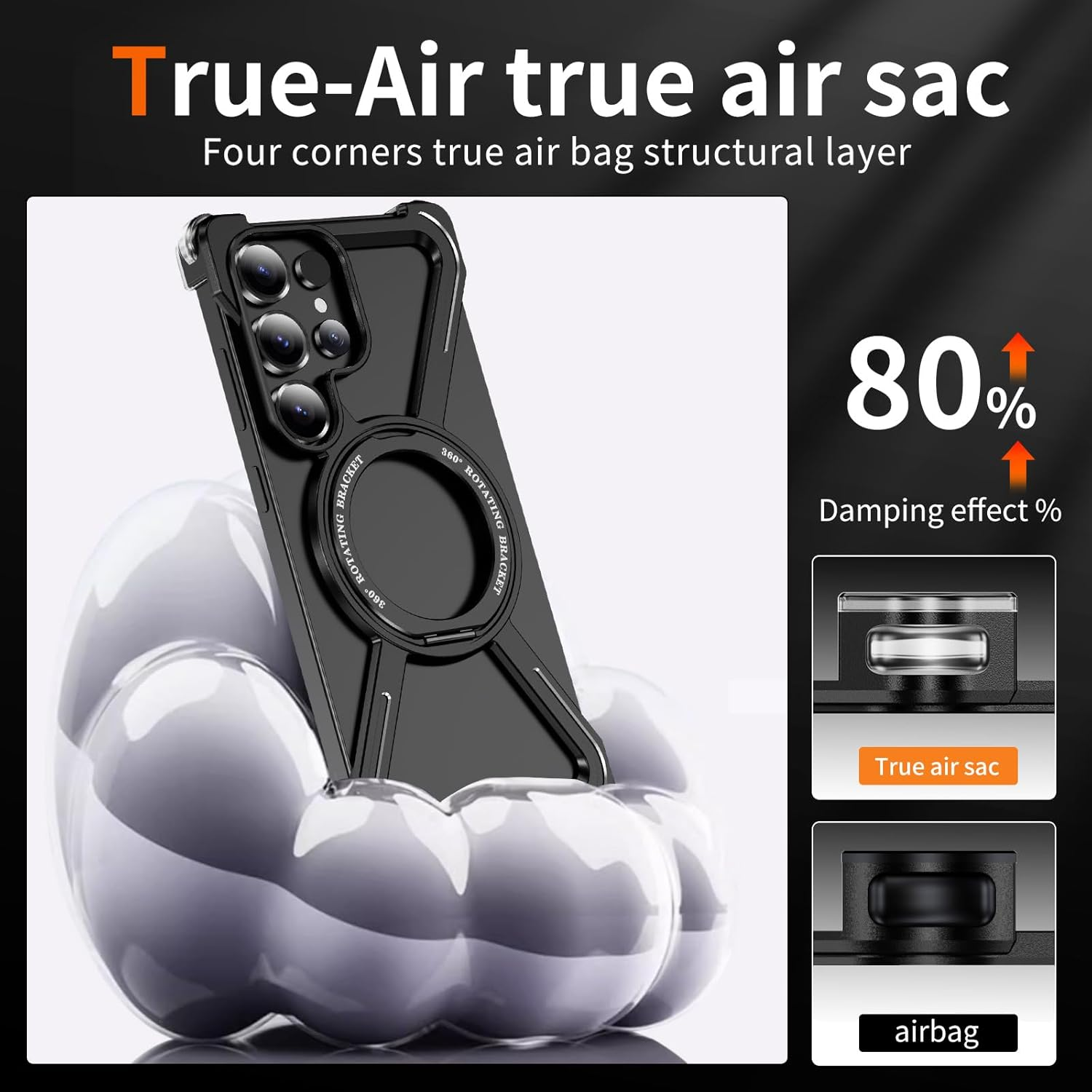 QIWEIQING Frameless Case for Samsung Galaxy S25 Ultra Compatible with Magsafe, Bezel Less Mobile Phone Case Titanium Alloy 360&deg; Rotation Magnetic Stand Protective Case for Samsung S25 Ultra. Black THJ image number 3