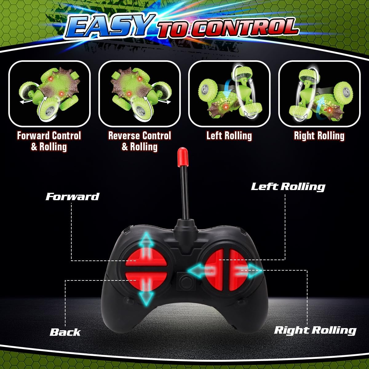 Qizebaby Remote Control Car for Kids，Dinosaur Toys RC Stunt Car，360&deg;Rotating RC Car with Rechargeable，Toy for 3 4 5 6 7 8 9 Year Old Boy Christmas Birthday Toys Gift image number 3