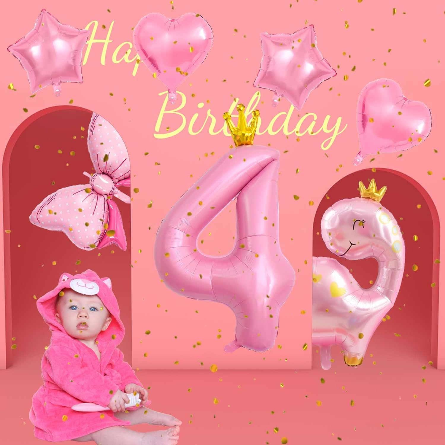 40 Inch Number Balloon Pack, Cute Crown Dinosaur and Star Bow Heart, Pastel Pink Dino Birthday Decoration for Girls (4)