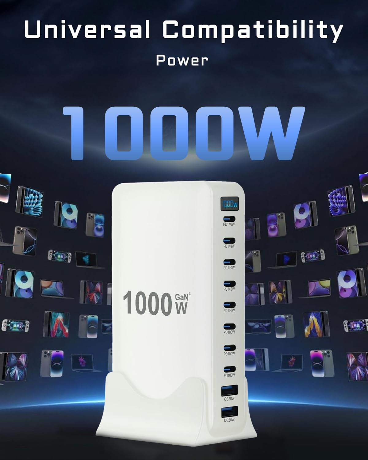 Cyperever 1000W USB C Fast Charger Block,10 Port USB Charging Station,Gan III 10-Port Fast Charging Station Hub,Pd 3.1 140W Laptop Charger Adapter Compatible with Macbook,Dell,Iphone Galaxy (White) image number 4