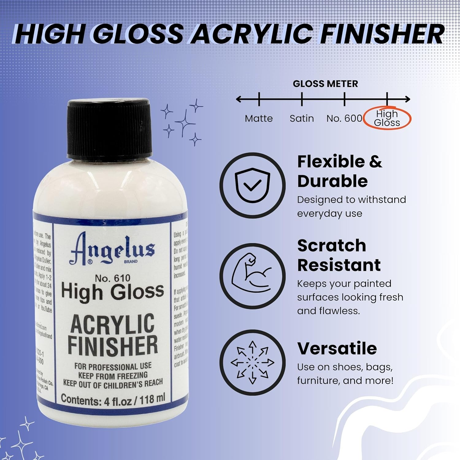 Angelus Leather Articles Shiny Glossy Acrylic Finisher 4 Oz Hi-Gloss W/Additive image number 1