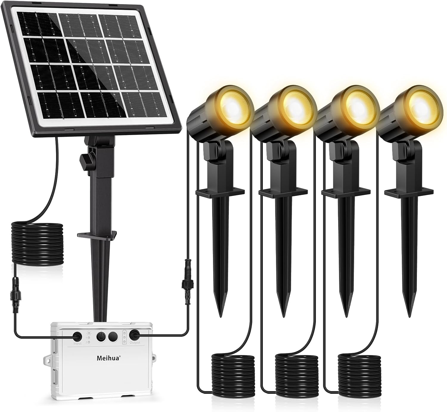 MEIHUA Solar Spotlights Outdoor 4 in 1 2700K Warm White 3 Brightness IP66 Waterproof Solar Garden Lights Outdoor Smooth/Flash Mode Solar Landscape Lights for Garden Path Tree Pathway Yard