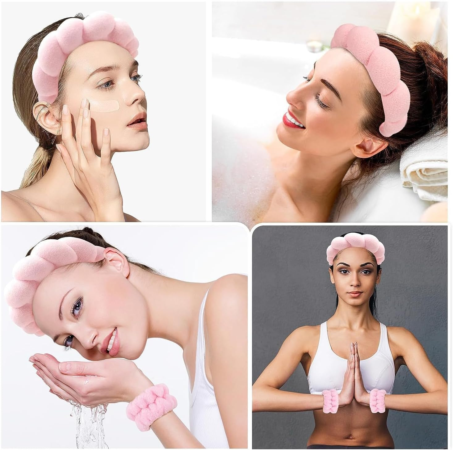Sponge Headband Wristband Sets for Washing Face Makeup Headband Skincare Headband for Women Girls Spa Headband Terry Cloth Headband Soft Puffy Headband image number 2