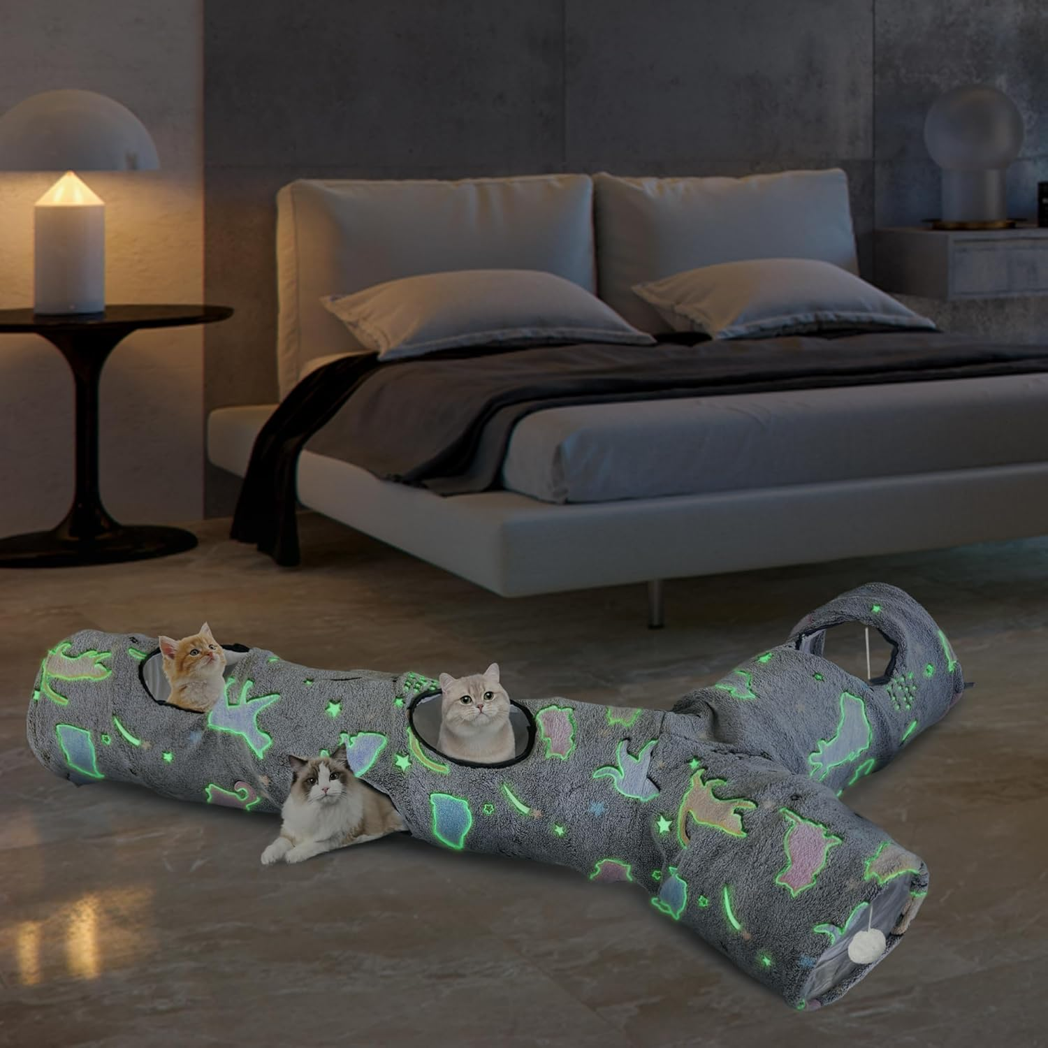 GRETMIX Cat Tunnels for Indoor Cats, Self-Luminous Cat Tunnel with Plush Ball, 3 Way Kitten Tunnel Collapsible, Cat Play Tunnel with Interactive Peephole for Large Cat, Puppy, Kitten image number 1