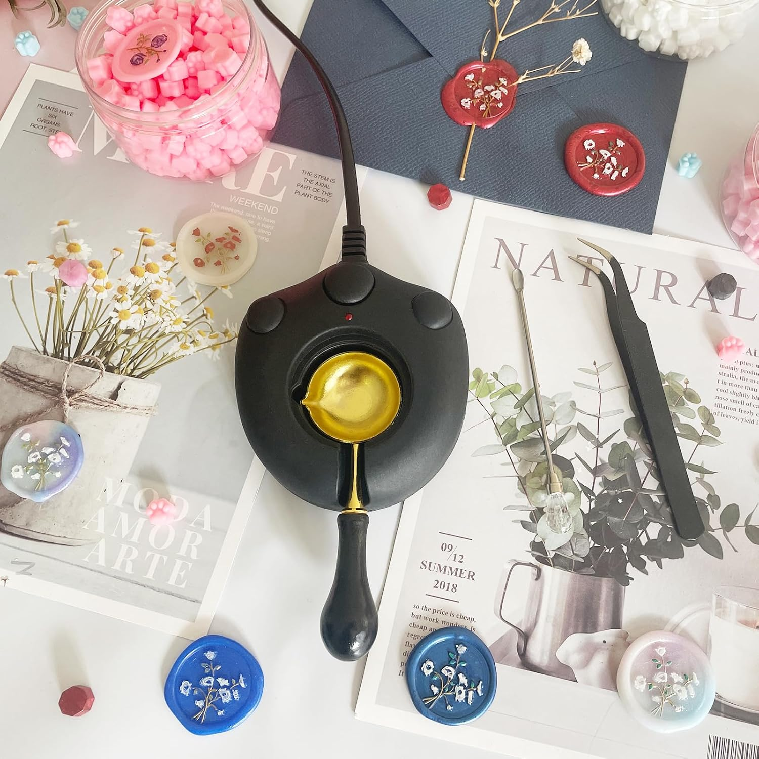 Black Electric Wax Seal Warmer Wax Seal Kit with Spoon, Tweezers and Stir Stick, Great Tool for Melting Wax Seal Sticks Sealing Wax Beads (01Black) - Purple image number 3