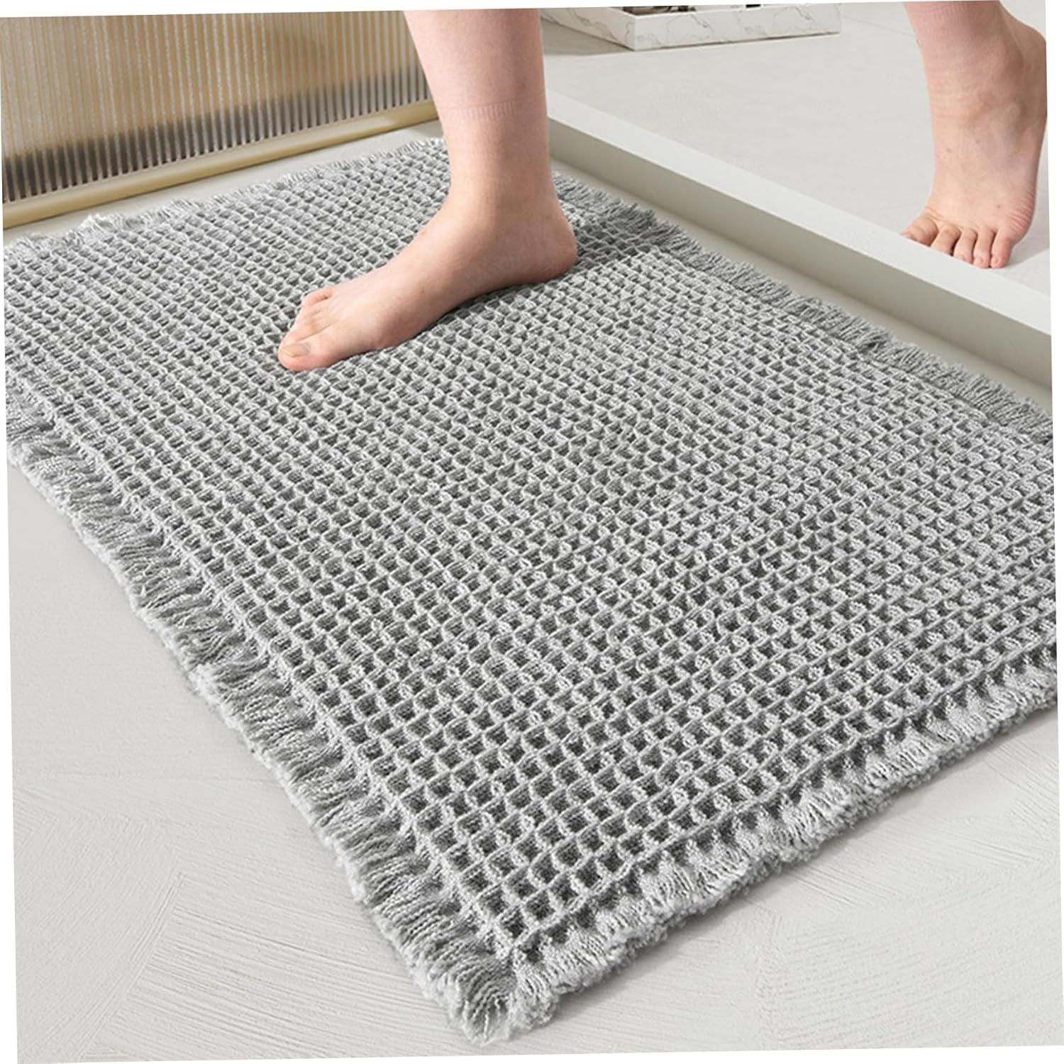 Waffle Bath Mat 24"X36" Soft ＆ Absorbent Woven Bath Mat Non Slip Waffle Bathroom Rug Machine No Shredding Washable Bathroom Mats with Tassels for Bathroom Floor beside Tub Grey, Woven Bath Mat, Waff image number 3