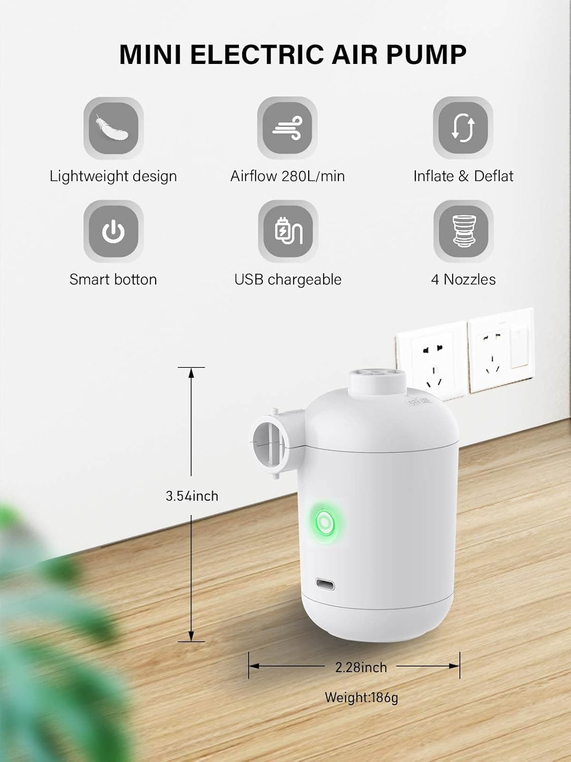 B-Qtech Electric Mini Air Pump for Inflatables, Rechargeable Portable USB Electric Air Pumps Quick Inflator and Deflator Pump, 4 Nozzles for Mattress Outdoor Camping Pool Boat Type C Charging image number 5