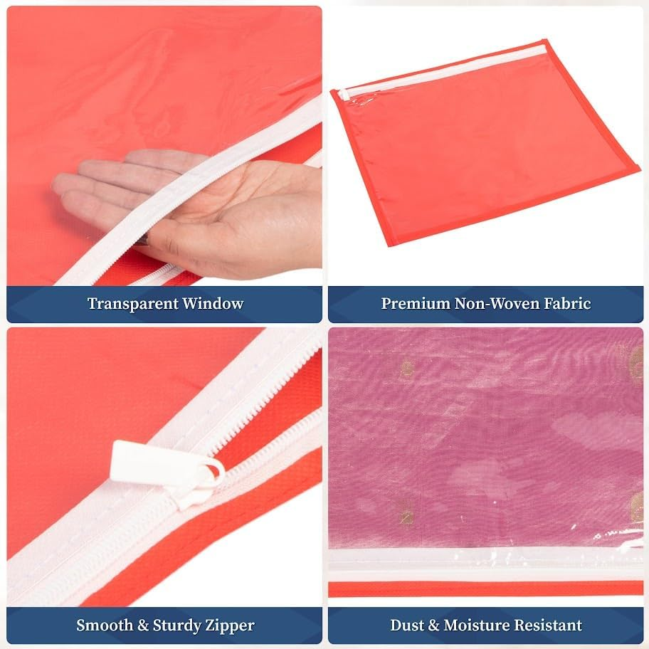 Homestrap Set of 24 Single Saree Covers | Transparent Top, Foldable & Zip Closure | Clothes Storage Bag & Wardrobe Organizer | Dust & Moisture Resistant Organizers |Red,Polypropylene - Beige image number 7