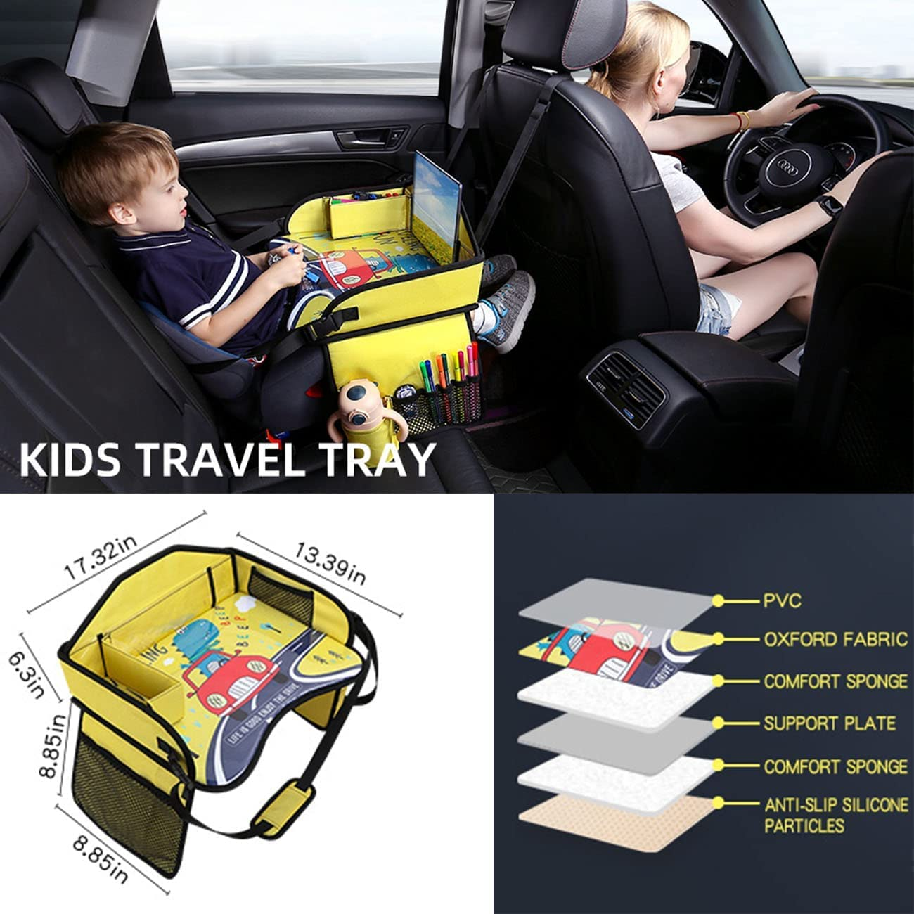Kids Travel Tray for Toddler Car Seat, Toddler Car Seat Tray Organizer, Large Ipad Holder Road Trip Essential, Soft Padding, Waterproof, Food & Snack Lap Tray Carseat, Stroller (Yellow) image number 6