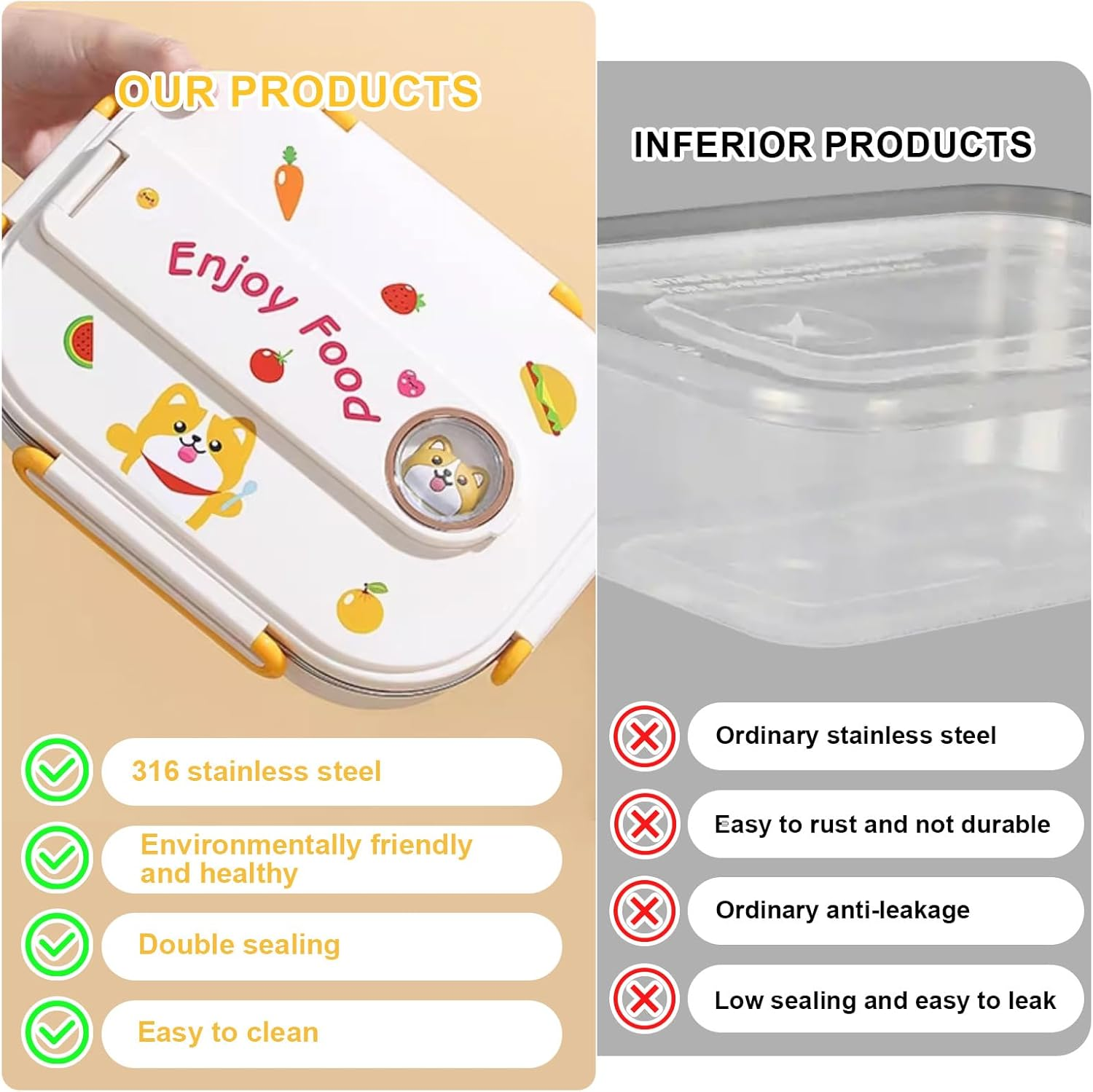 Lunch Box Cute Insulated Lunch Box Set - Thermal Bento Box Stainless Steel Microwave Safe Food Container with Cutlery - 6H Heat Retention (2-Grid-Panda) image number 3