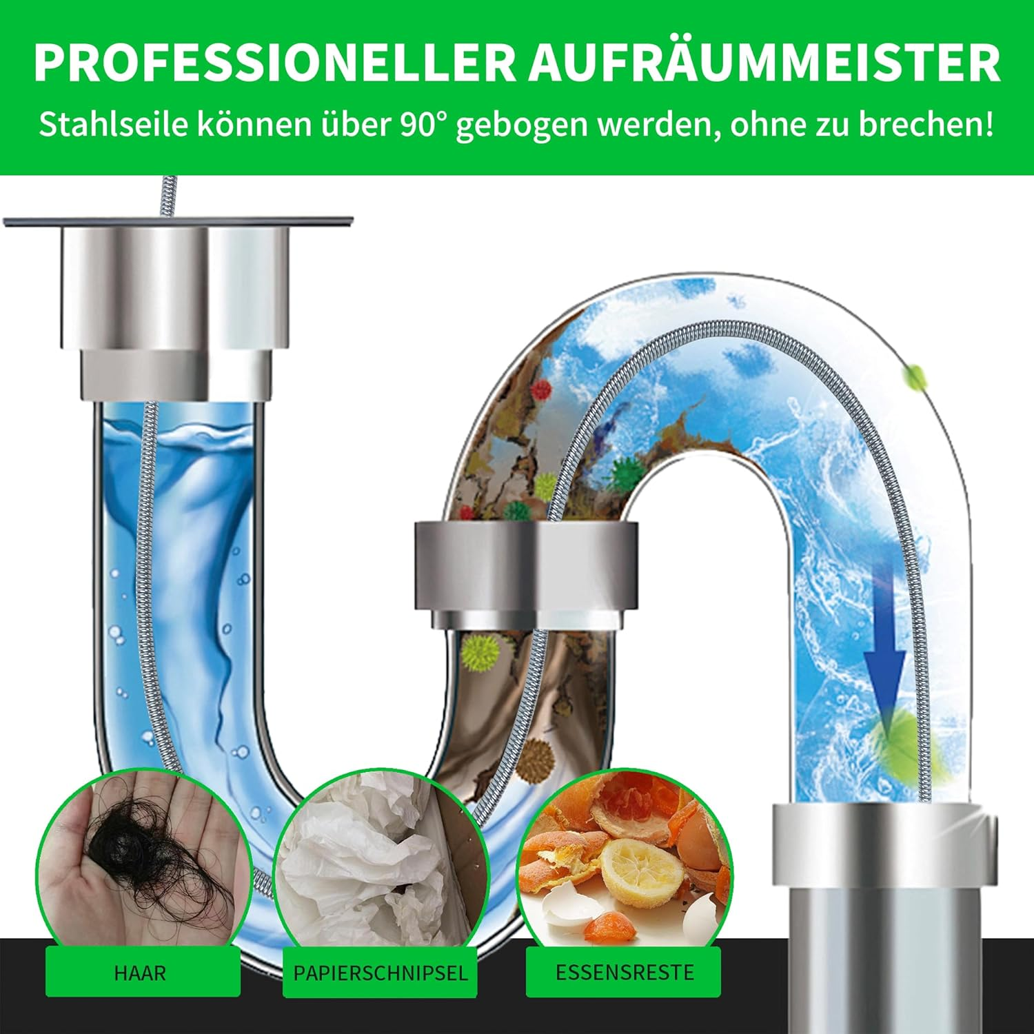 BACOENG Pipe Cleaning Spiral [15 M], Drain Cleaner Spiral for Pipe Cleaning, Drain Cleaning with Drain Spiral to Remove Hair and Blockage, Green image number 6