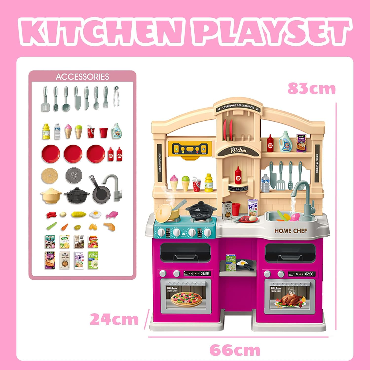 Kids Kitchen Playset with Multiple Accessories, Play Food with Realistic Sound & Light, Cooking Stove with Simulated Steam, Play Kitchen Toy,Kitchen Toy Accessories,Pretend Play Toys for Kids (Purple) image number 1