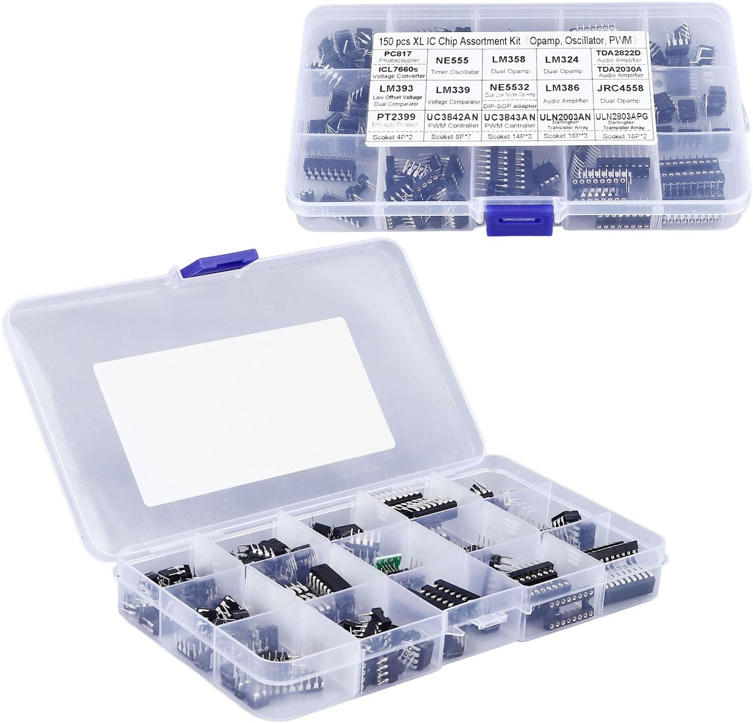 Cryfokt 150 Pcs 10 Types Flat Pin IC Chips Assortment Kit with Store Case for Electronic Equipment Integrated Circuit Chip Assortment Kit image number 3