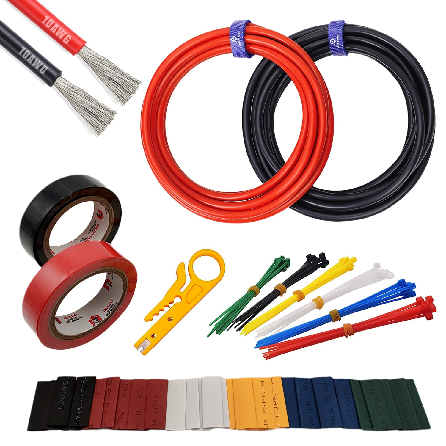 10AWG Flexible Silicone DIY Electric Wire Power Cable Routing 1050 Strands 0.08Mm Tinned Copper Wire Resistant to Heat and Cold Electrical Tape 2 Color X 10Ft Tools Included