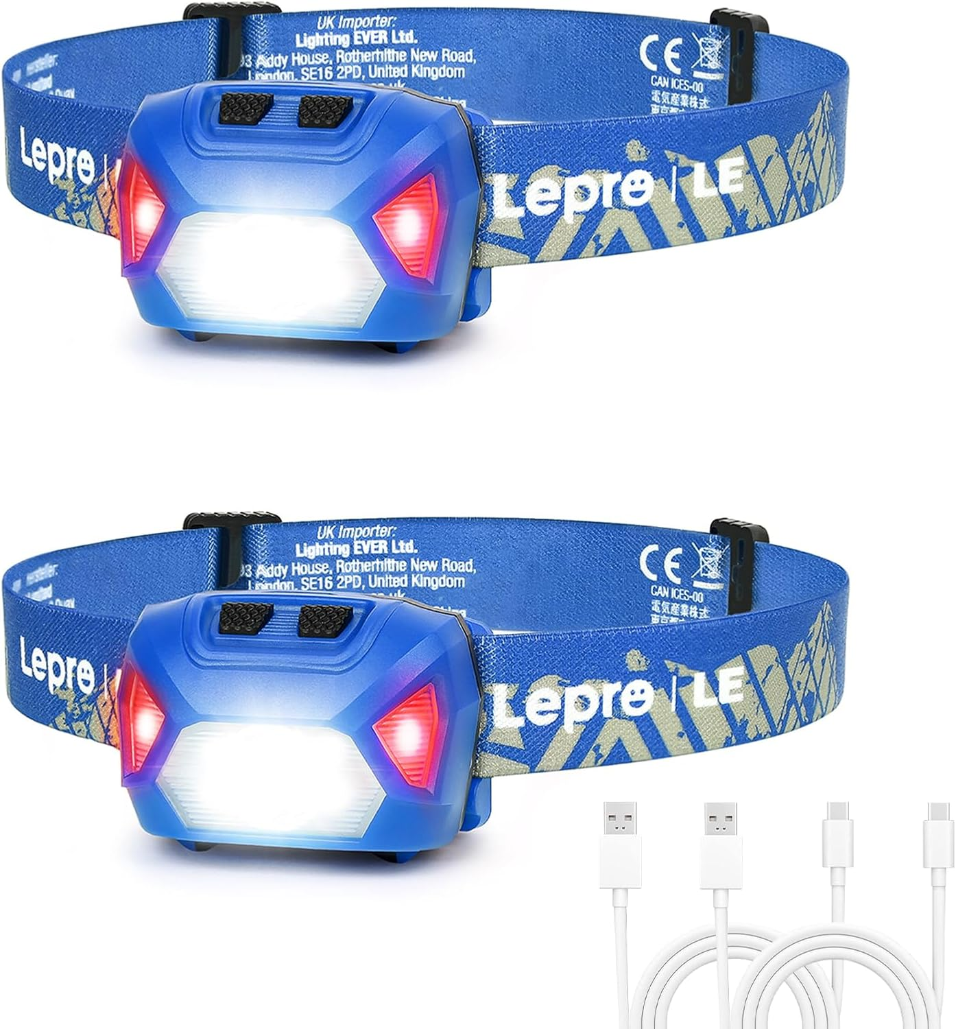 Lepro Head Torch Rechargeable, Super Bright Waterproof LED Headlamp with Red Warning Lights, 6 Lighting Modes, Long Runtime Headlight for Kids & Adults for Running Fishing(2 Pack)