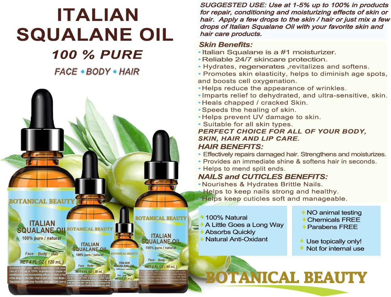 SQUALANE Italian. 100 Pure / Natural / Undiluted Oil. 100 Ultra-Pure Moisturiser for Face , Body & Hair. Reliable 24/7 Skincare Protection. 1 Fl.Oz- 30Ml. by Botanical Beauty. image number 2