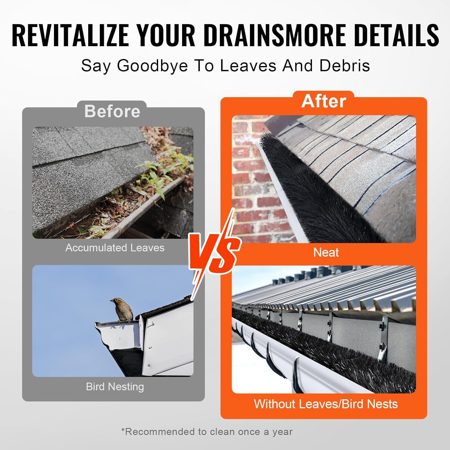 VEVOR Gutter Brush, 60 Feet Total Length 5.25 Inch Diameter Gutter Cleaning Tools, Ground-Level Gutter Brush Leaf Guard for 5 Inch Gutters, Easily Clear Roof Leaves and Debris, 20 Pack image number 1