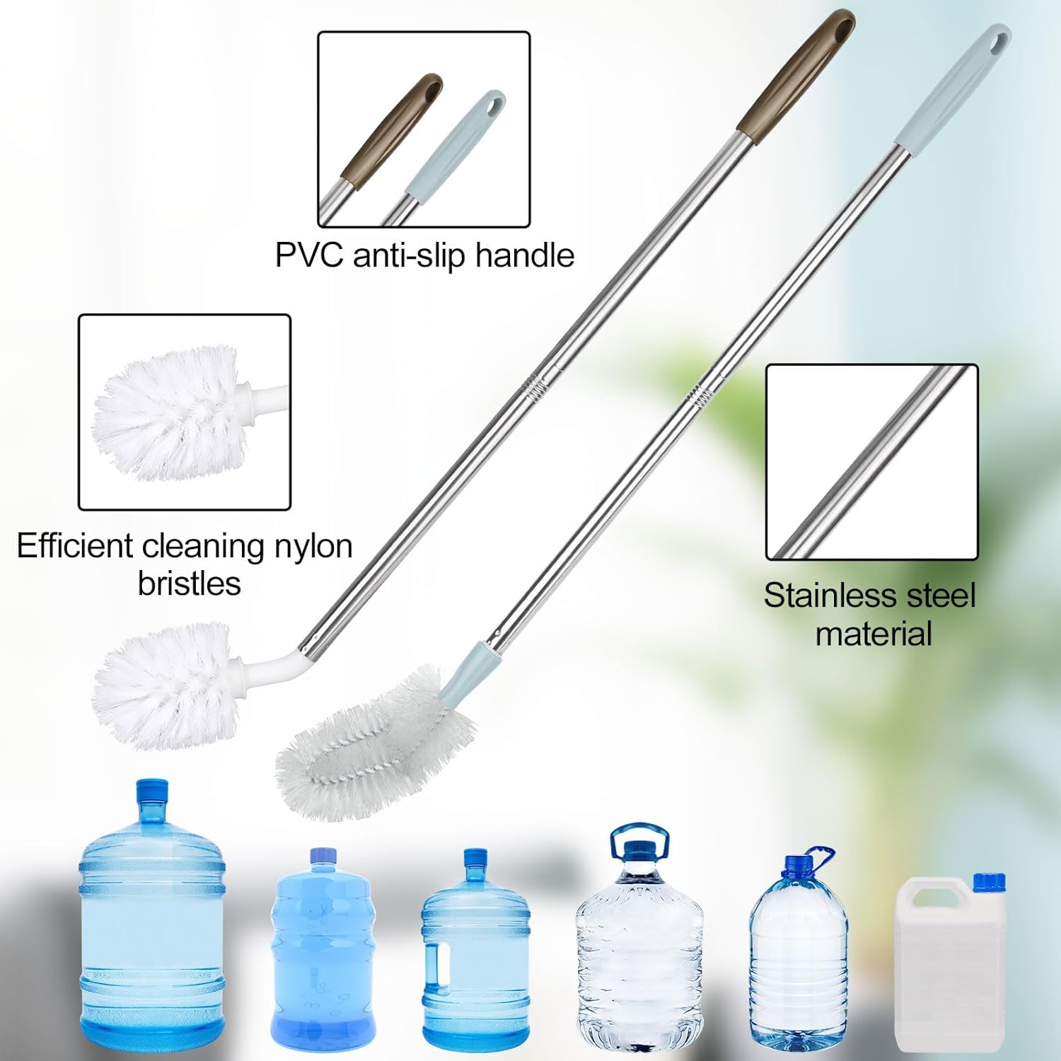 2Pcs Bucket Cleaning Brushes, 2 Styles Gallon Jug Cleaner Kettle Brush with Extra Long Stainless Steel Handle and Nylon Bristles Water Bottle Efficient Cleaning Tools image number 5