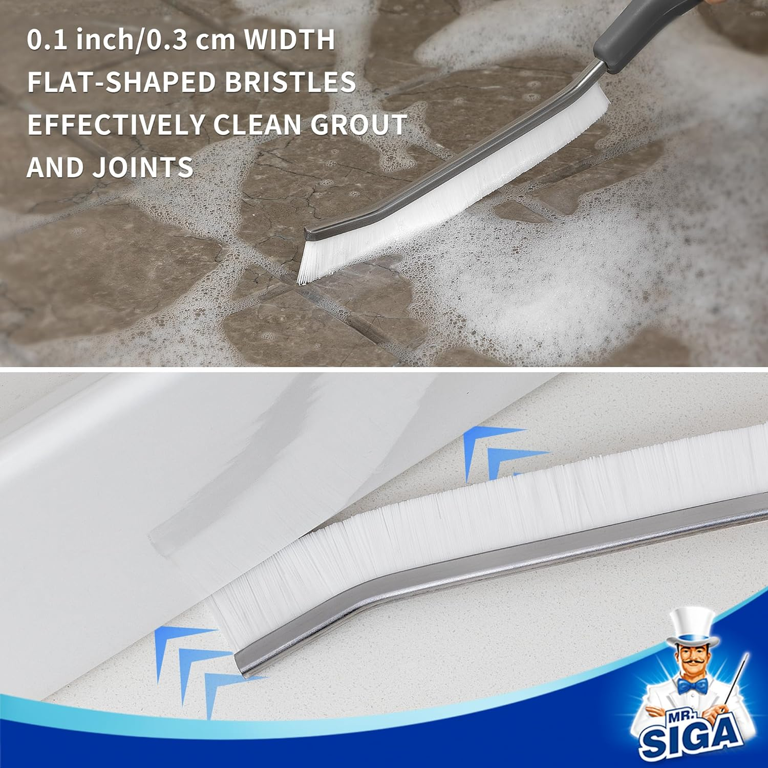 MR.SIGA Crevice Cleaning Brush with Handle, Gap Cleaning Brushes for Household Use, Stiff Bristle Brush for Cleaning Grout, Joints in Kitchen, Bathroom, Shower, 2 Pack image number 6