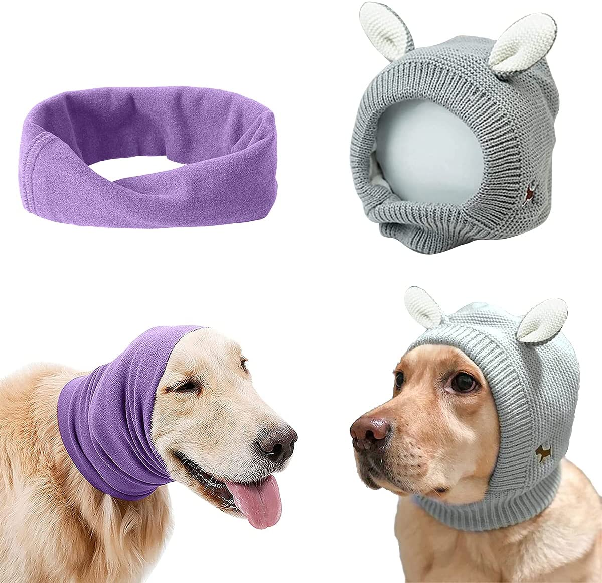 Quiet Ears for Dogs Anxiety Barking Dog Ear Covers Muffs Snood for Noise 2PCS Dog Ear Hearing Earmuffs Fireworks Protection anti Anxiety Dog Hat for Medium to Large Dogs (Large, Purple & Grey)