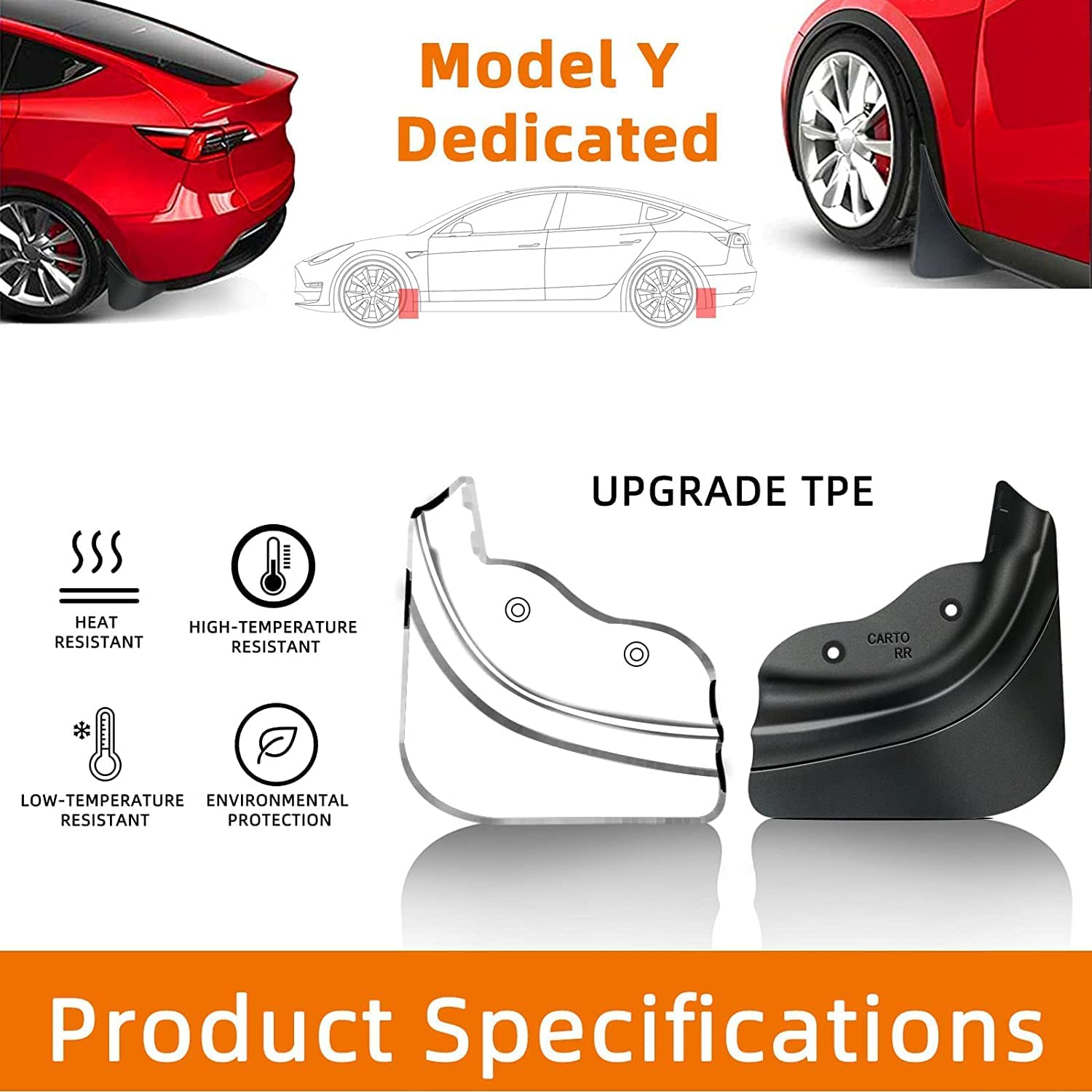 Mud Flaps Splash Guards Compatible with Tesla Model Y Accessories,No Drilling Required, Compatible with 2021 2022 2023 2024 Model Y, All Weather Upgraded Version Front and Rear Mud Flaps, Set of 4 image number 2