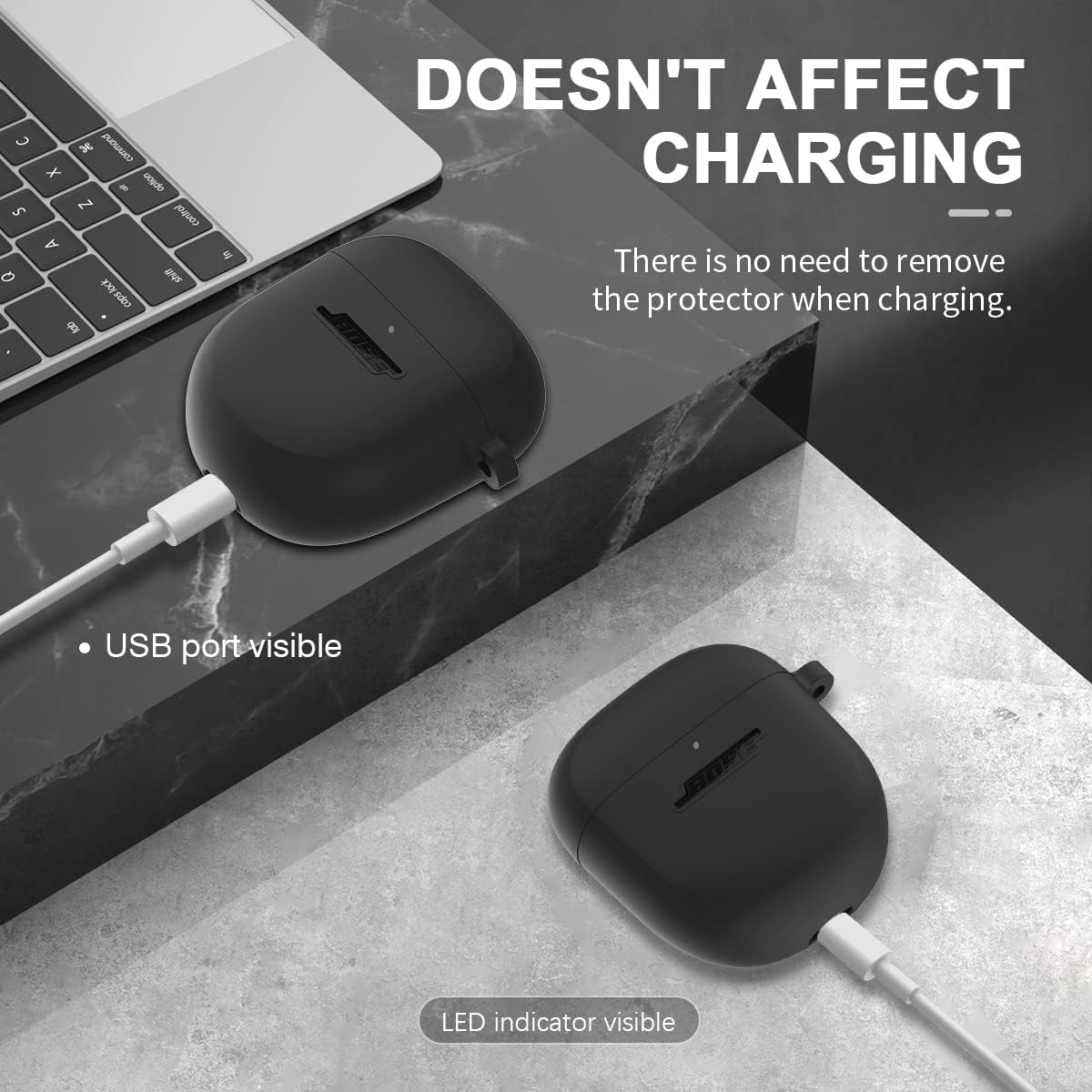 Bose Quietcomfort Earbuds II and Ultra Silicone Case (2022-2023) - Shockproof Protective Cover for Men and Women with Keychain (Black) image number 1