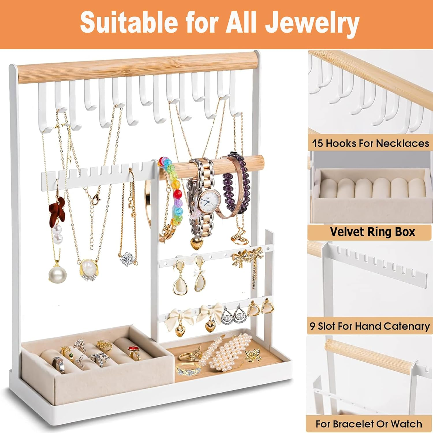 Jewelry Organizer Stand,Jewelry Organizer with Necklace Organizer,Velvet Ring Holder and Jewelry Dish,4 Tier Jewelry Tree Stand Organizer for Earrings,Bracelets,Rings Storage and Room Decor image number 1