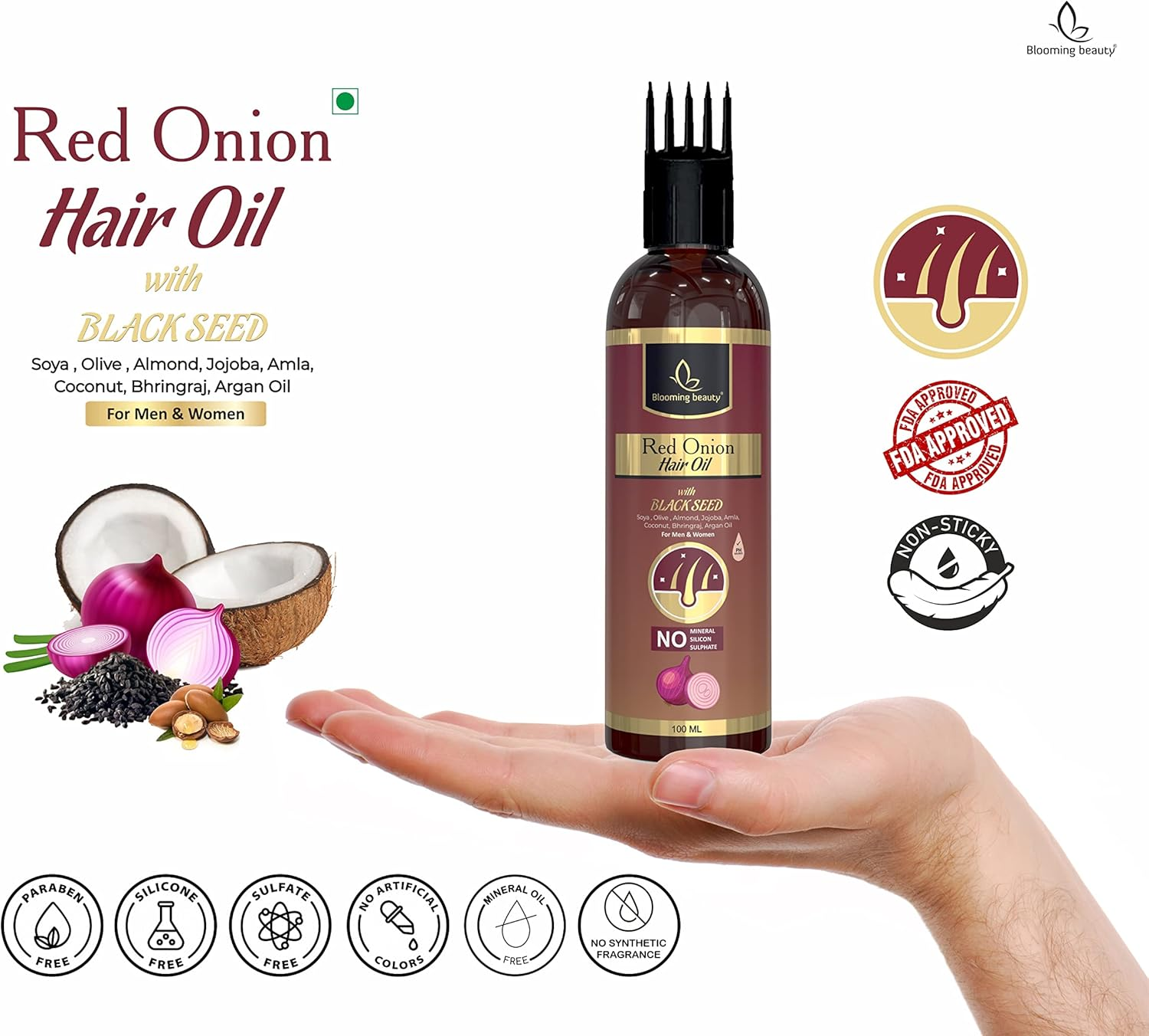 Blooming Beauty Onion Hair Oil for Hair Growth, anti Dandruff & Red Oninin | Onion Hair Oil for Anti-Dandruff, Long Hair, Hair Fall Controls, Baldness, Alopecia ,Hair Loss (100 Ml Comb Applicator ) image number 4