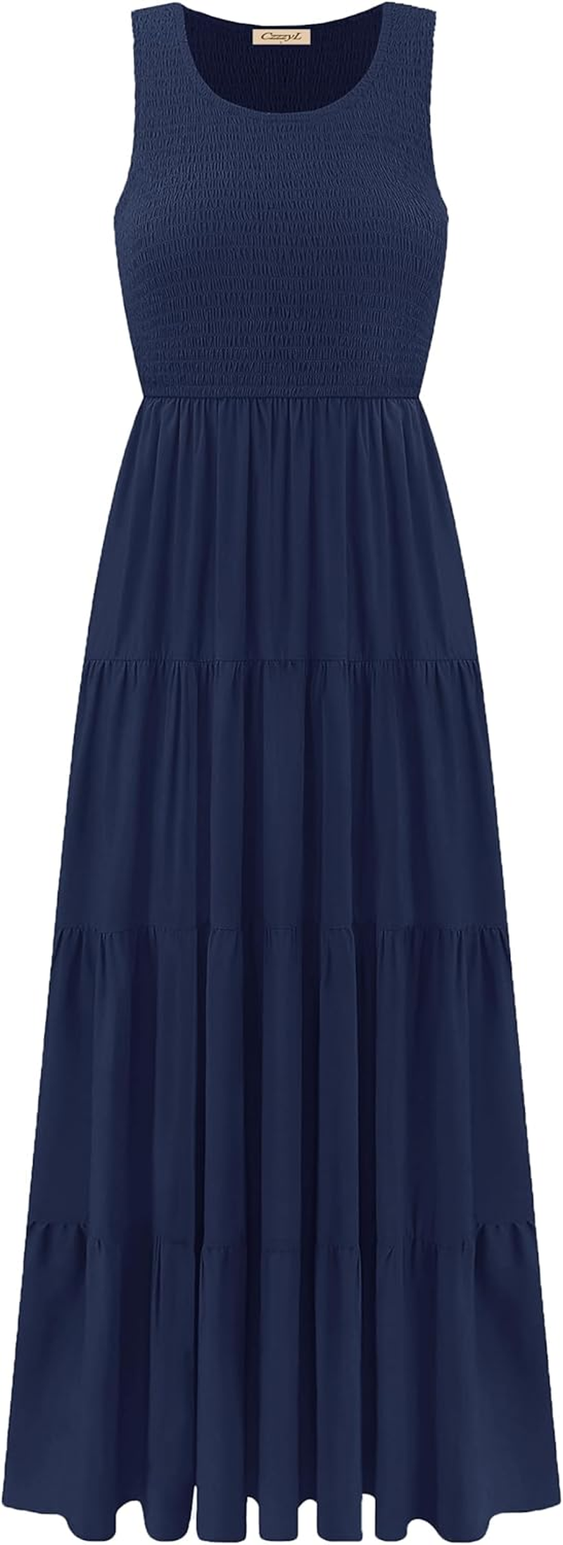 Women'S Nursing Dresses Smocked Crew Neck Summer Sleeveless Tiered Maxi Dress with Pockets image number 5