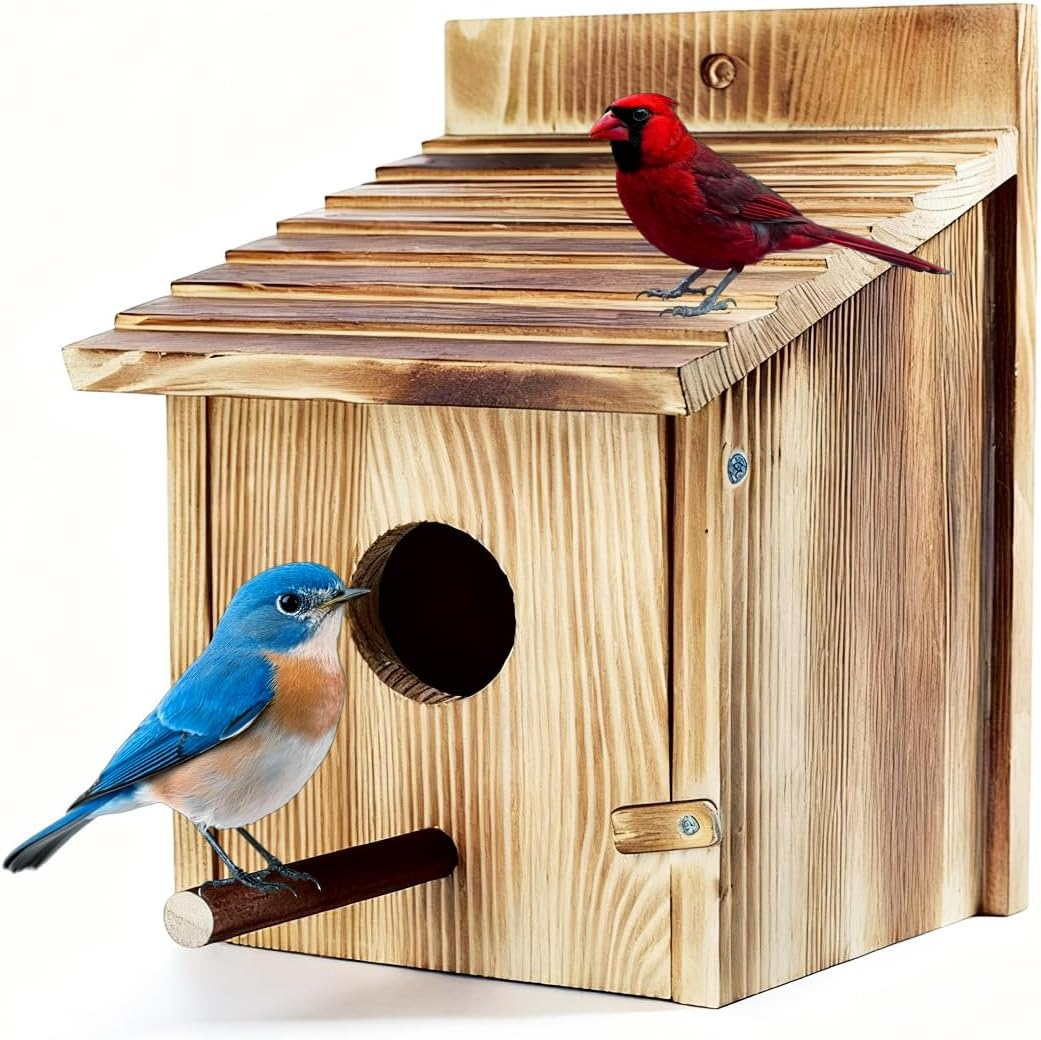 Bird House for outside with Predator Guard, Wood Bird Houses for outside with Pole Wooden Bird House for Bluebird Cardinals Hanging Birdhouse Clearance Garden Country Cottages (Brown) image number 5