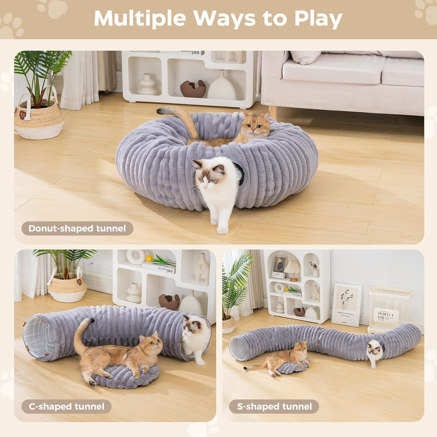 Avont Cat Tunnel Bed for Indoor Cats, Soft Plush Peekaboo Cat Bed Cave Donut Tunnels Tube, Playground Toys Hideout for Kittens Puppies Ferret -Grey - Grey image number 2