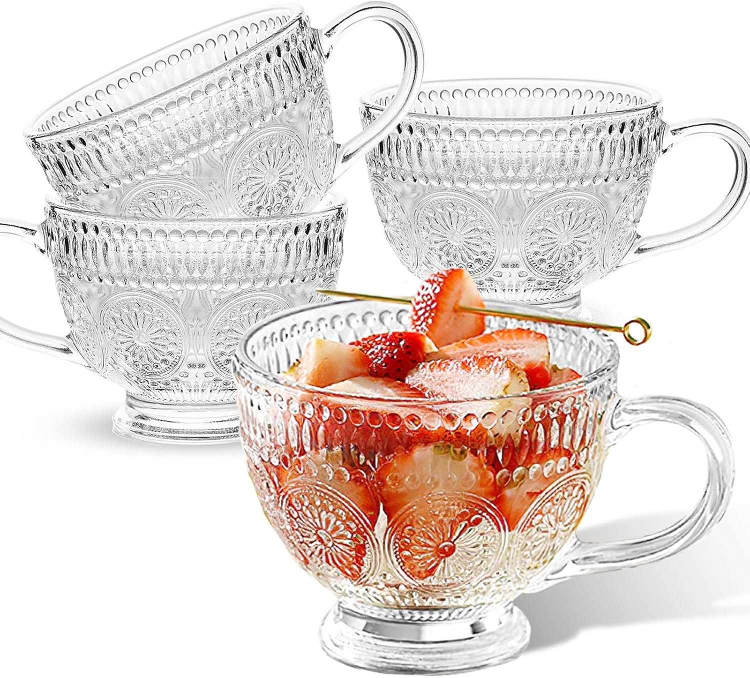 4PCS Vintage Glass Coffee Tea Mugs, 13.5 Oz Embossed Clear Glass Tea Set with Handle, Drinking Glassware for Latte, Cappuccino, Americano, Juice, Hot Drinks, Cold Drinks image number 2