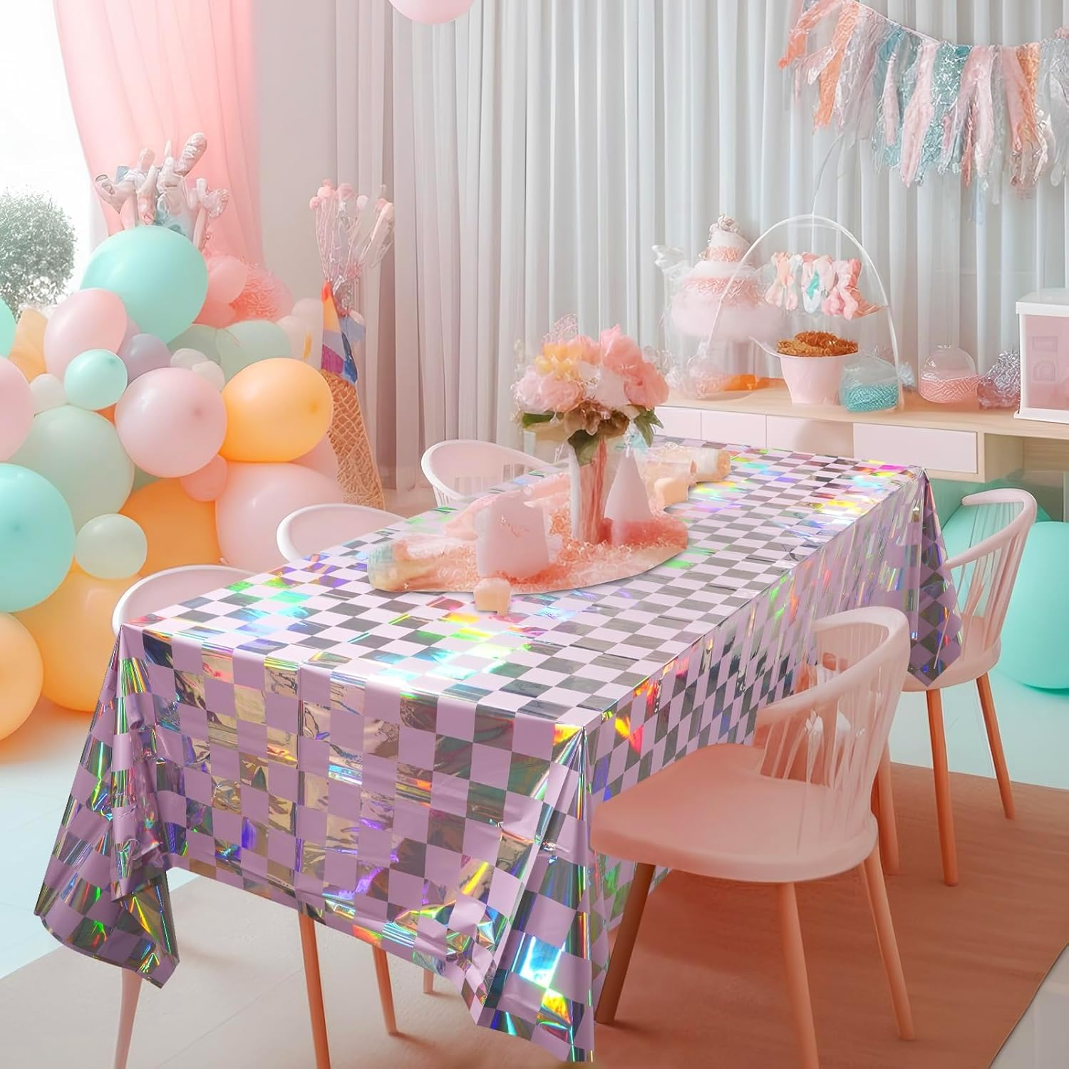 OQOQ Iridescent Checkered Tablecloth (4 Packs, Pink&Sliver) - 108X54 Inches Pink Iridescent Party Decorations Table Cloth Disposable Plastic Table Cover for Birthday Bachelorette Princess Party - Black Silver Checkered image number 4