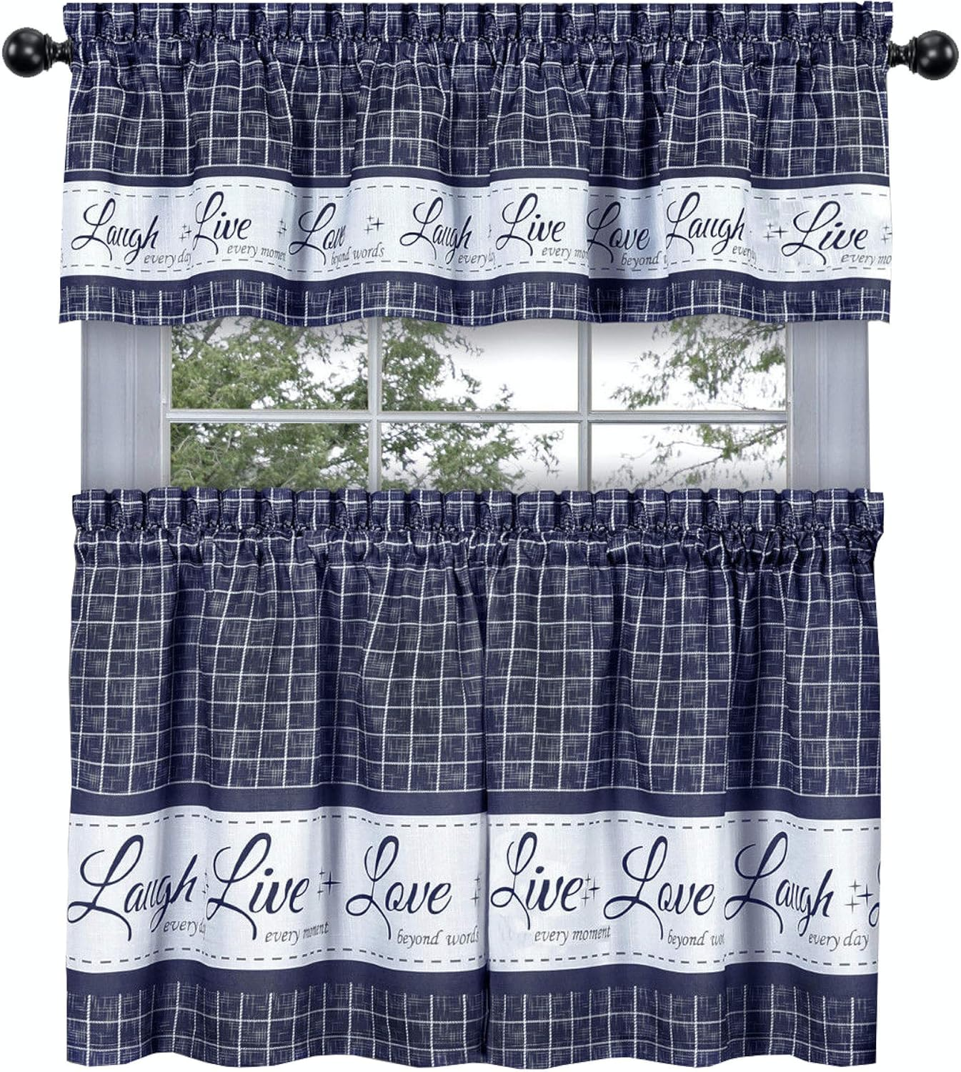 Goodgram Country Gingham Check Live~Laugh~Love 3 Pc. Caf&eacute; Plaid Kitchen Curtain Set - Assorted Colors & Sizes (Gray, 36 In. L)